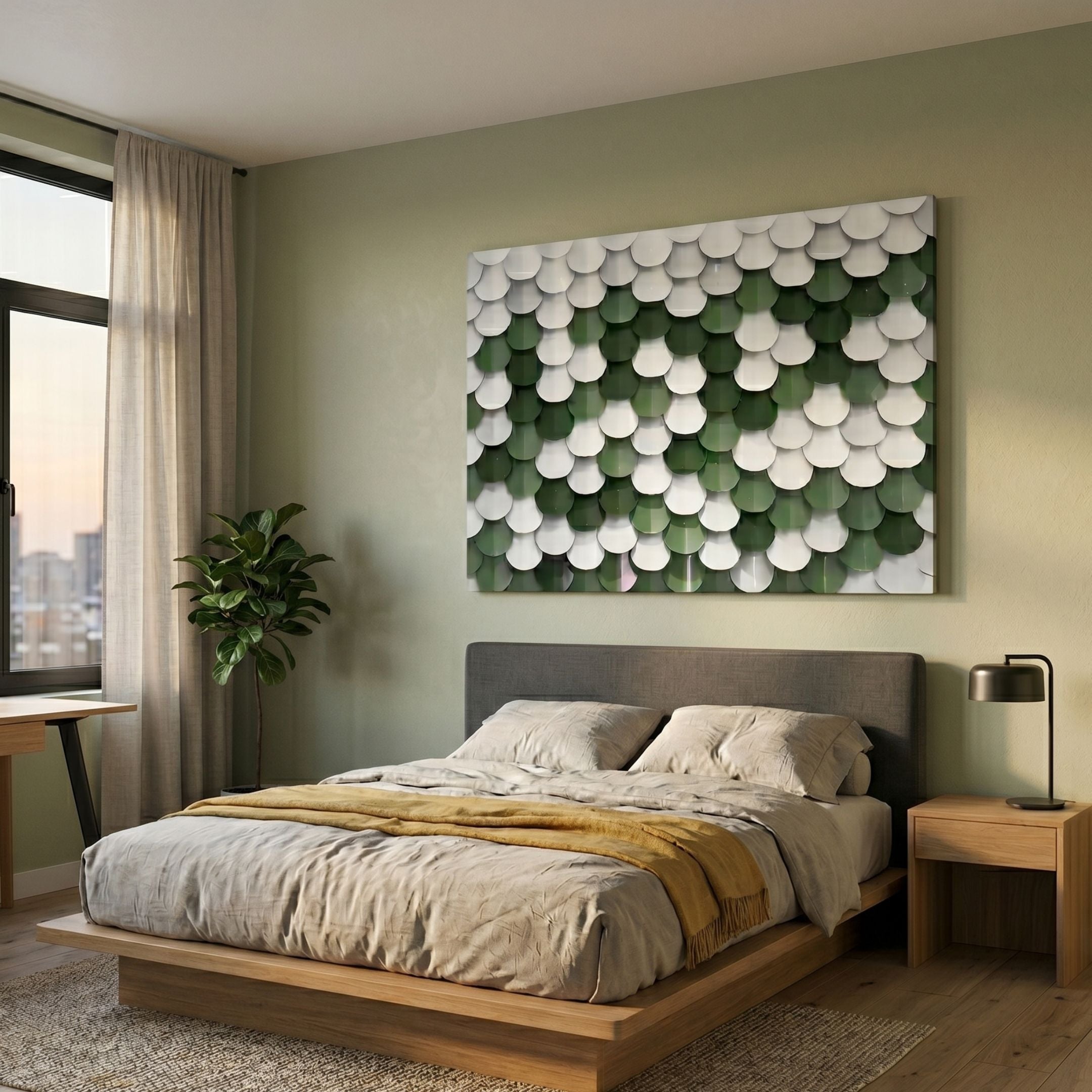 Scalara Green & White Acrylic 3D Wall Art by Giant Sculptures displayed above a grey upholstered bed in a sage-green bedroom with a fiddle leaf fig.