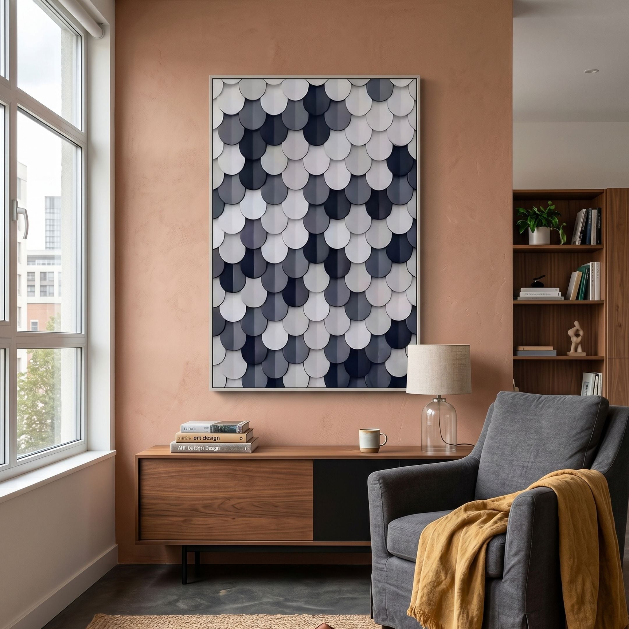 Scalara Grey & White Vertical Acrylic 3D Wall Art by Giant Sculptures mounted on a terracotta wall above a walnut sideboard beside a grey armchair and window.