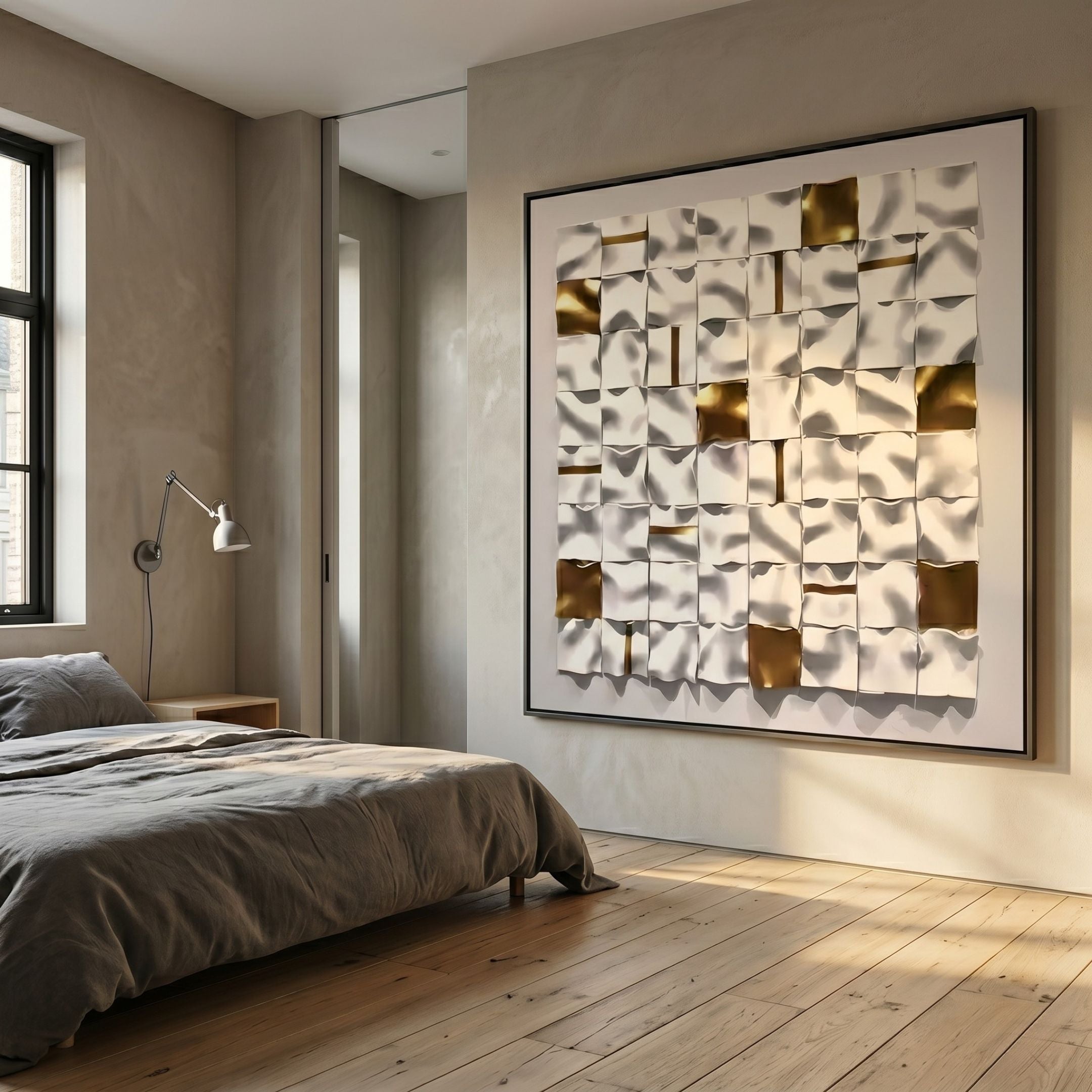 Lucida Gold & White Acrylic Square Framed 3D Wall Art mounted in a modern bedroom above wooden flooring, beside a grey-linen bed and white reading lamp.