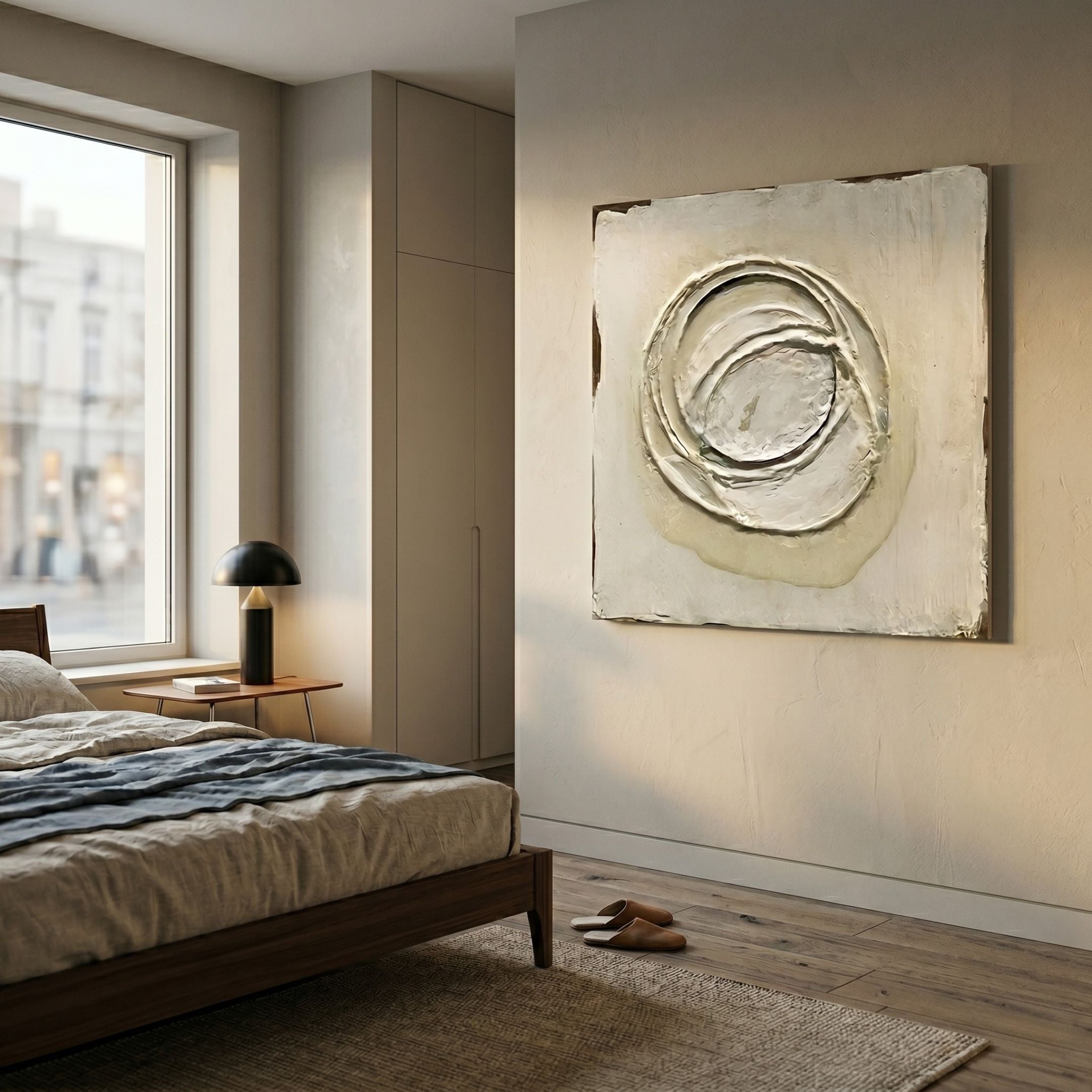 Textura Circular Orbit Relief 3D Wall Art by Giant Sculptures in beige with raised overlapping rings, displayed above a walnut bed beside a window.
