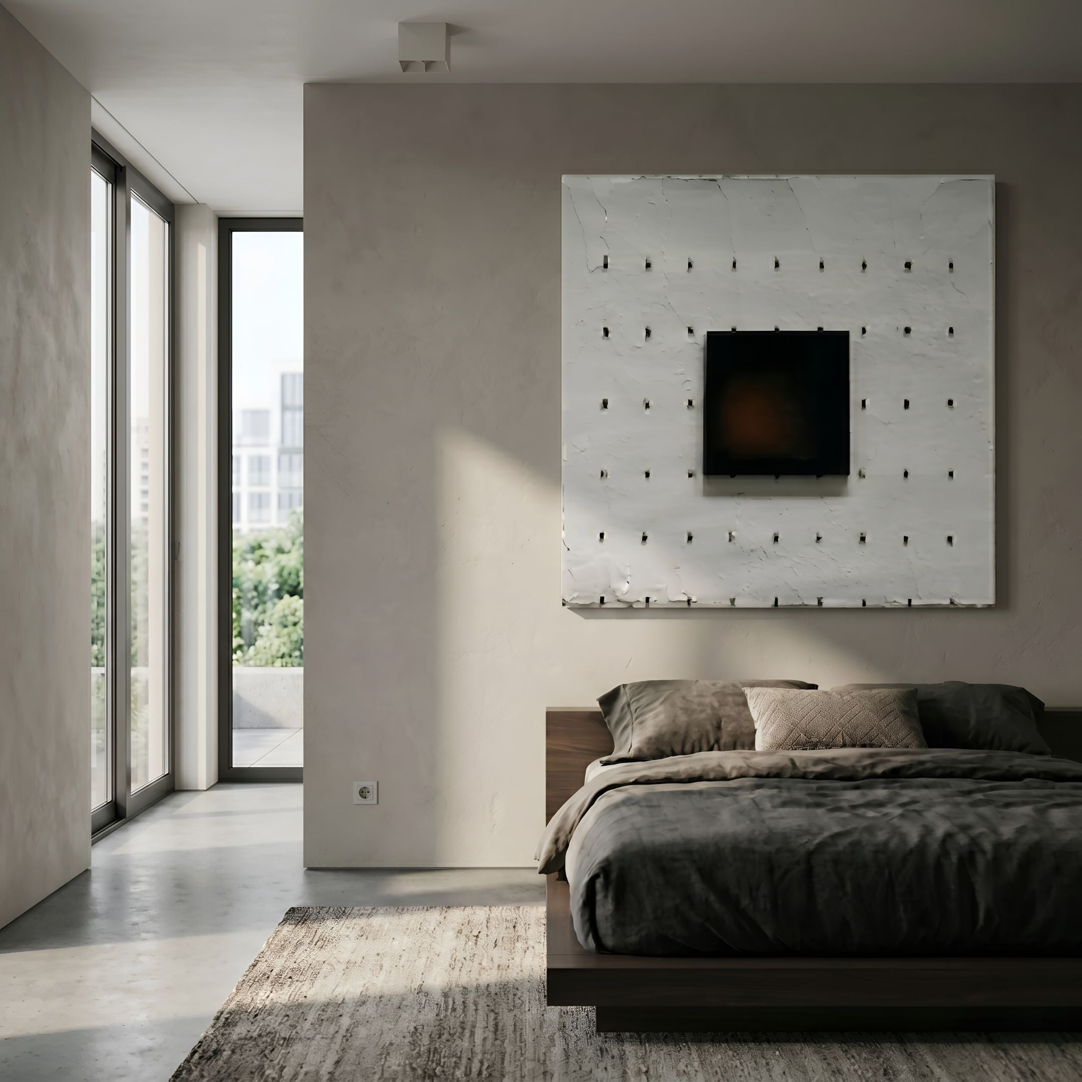 Textura Woven Grid Relief 3D Wall Art by Giant Sculptures, a white textured square with a central black panel, displayed above a bed in a minimalist bedroom.