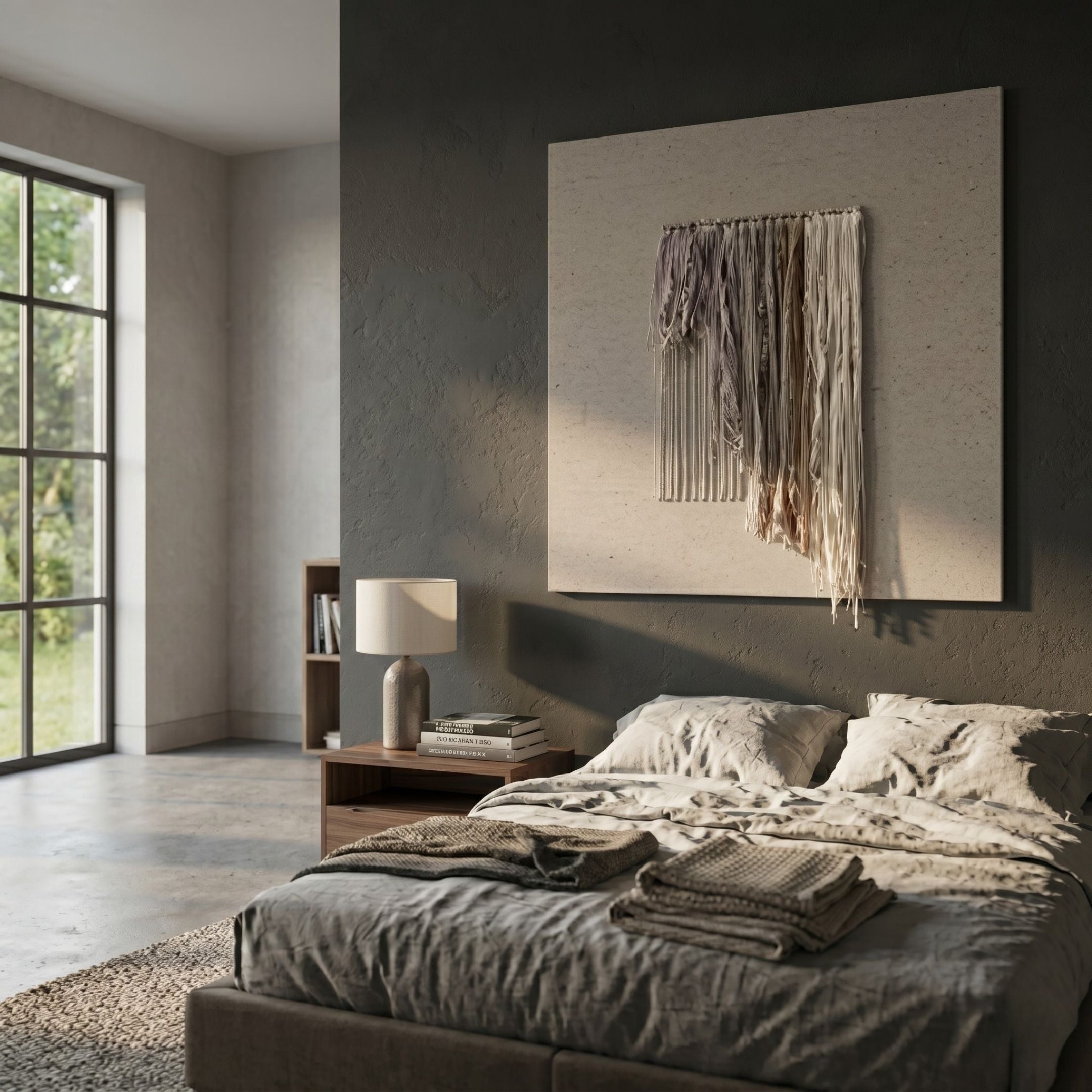 Textura Taupe Fringe Linen Rope 3D Wall Art by Giant Sculptures displayed above a linen bed in a modern bedroom with dark accent wall and window.