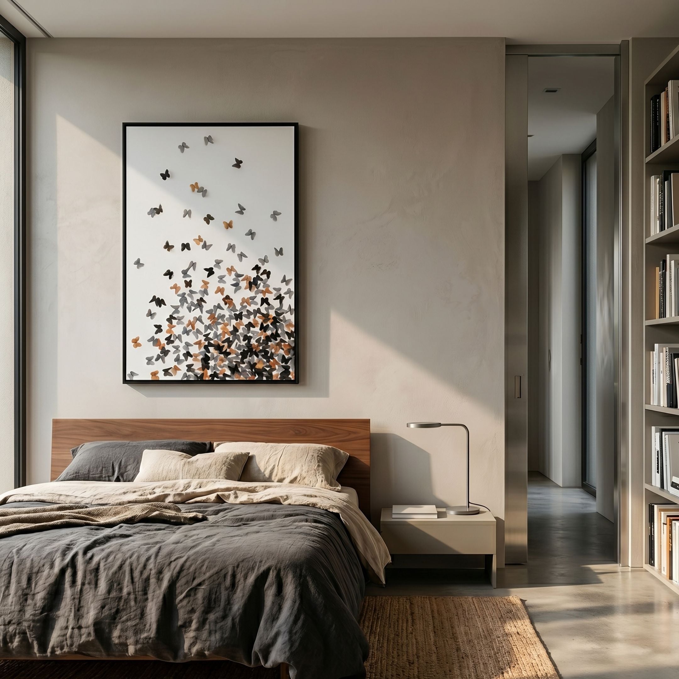 Lepora Monarch Swarm Butterfly 3D Wall Art by Giant Sculptures in black, grey, and orange, framed above a wood-headboard bed in a modern bedroom.
