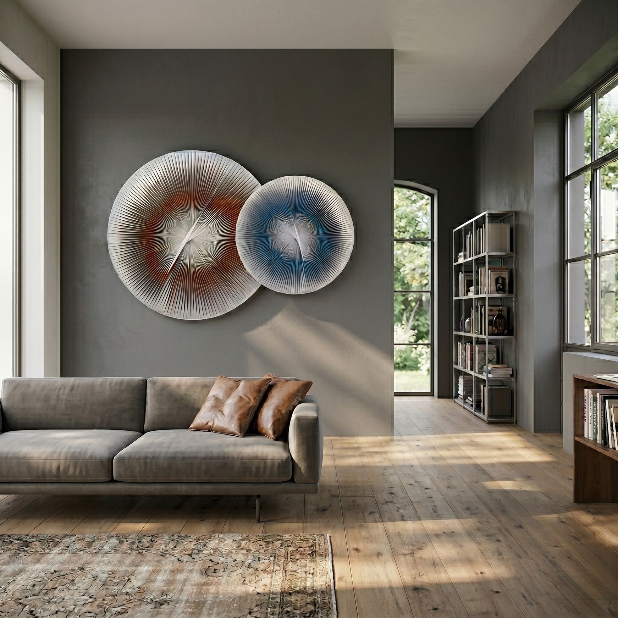 Lustara Blue & Copper Dual Circular Leather 3D Wall Art by Giant Sculptures displayed on a grey wall above a taupe sofa with brown leather cushions.