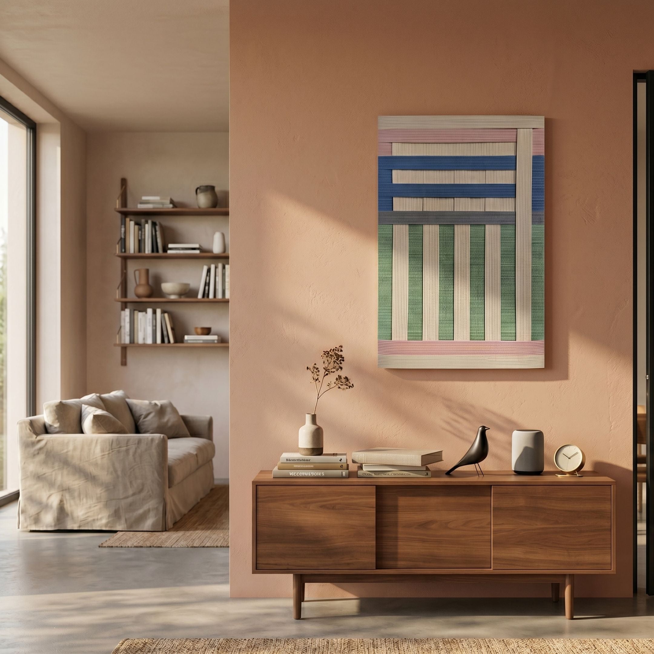 Tessella Pastel Multi Interwoven Yarn 3D Wall Art with pink, blue, and green woven strips, displayed above a walnut sideboard in a warm peach-toned living room.