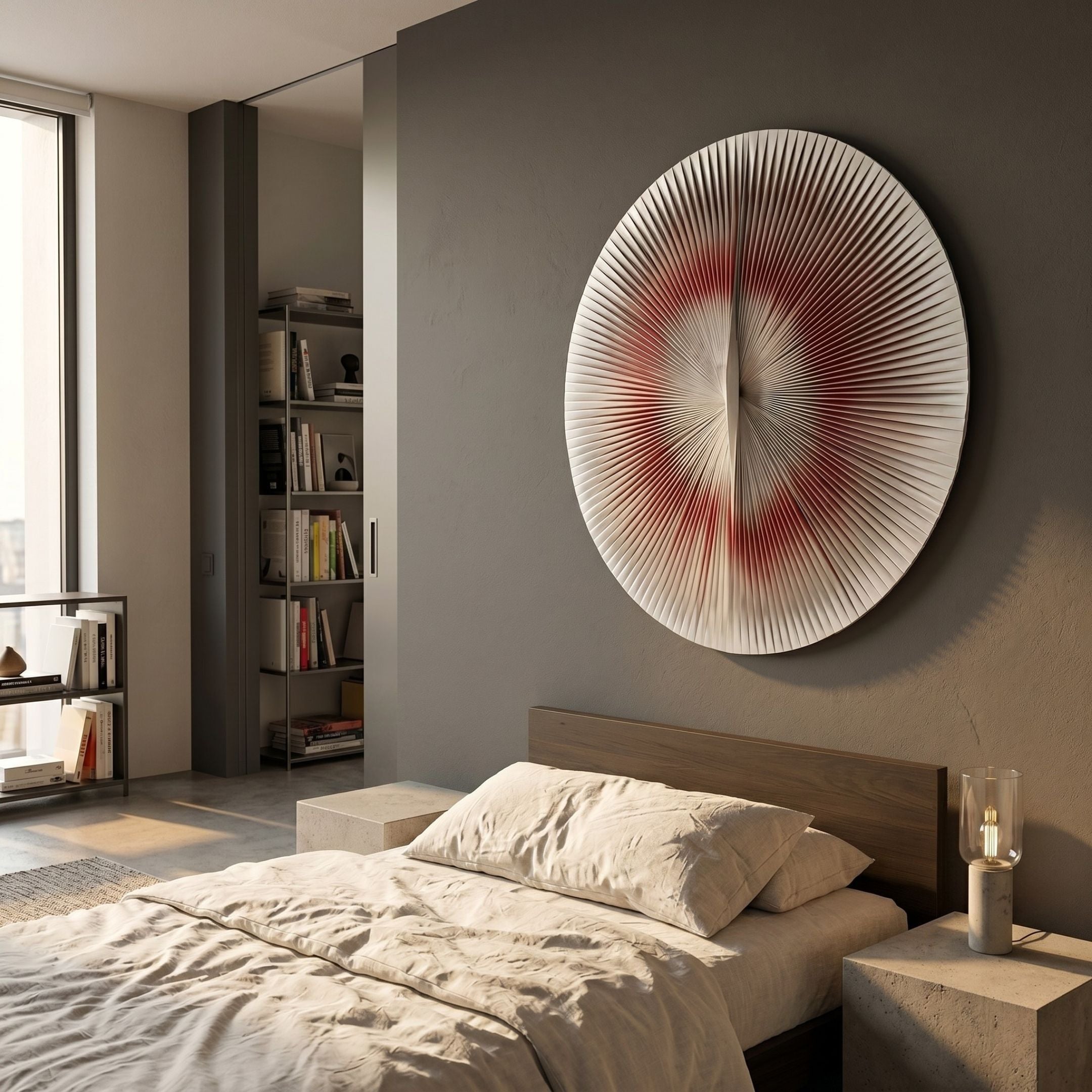 Lustara Crimson Gradient Circular Leather 3D Wall Art by Giant Sculptures mounted on a grey bedroom wall above a wooden bed, with bookshelves nearby.