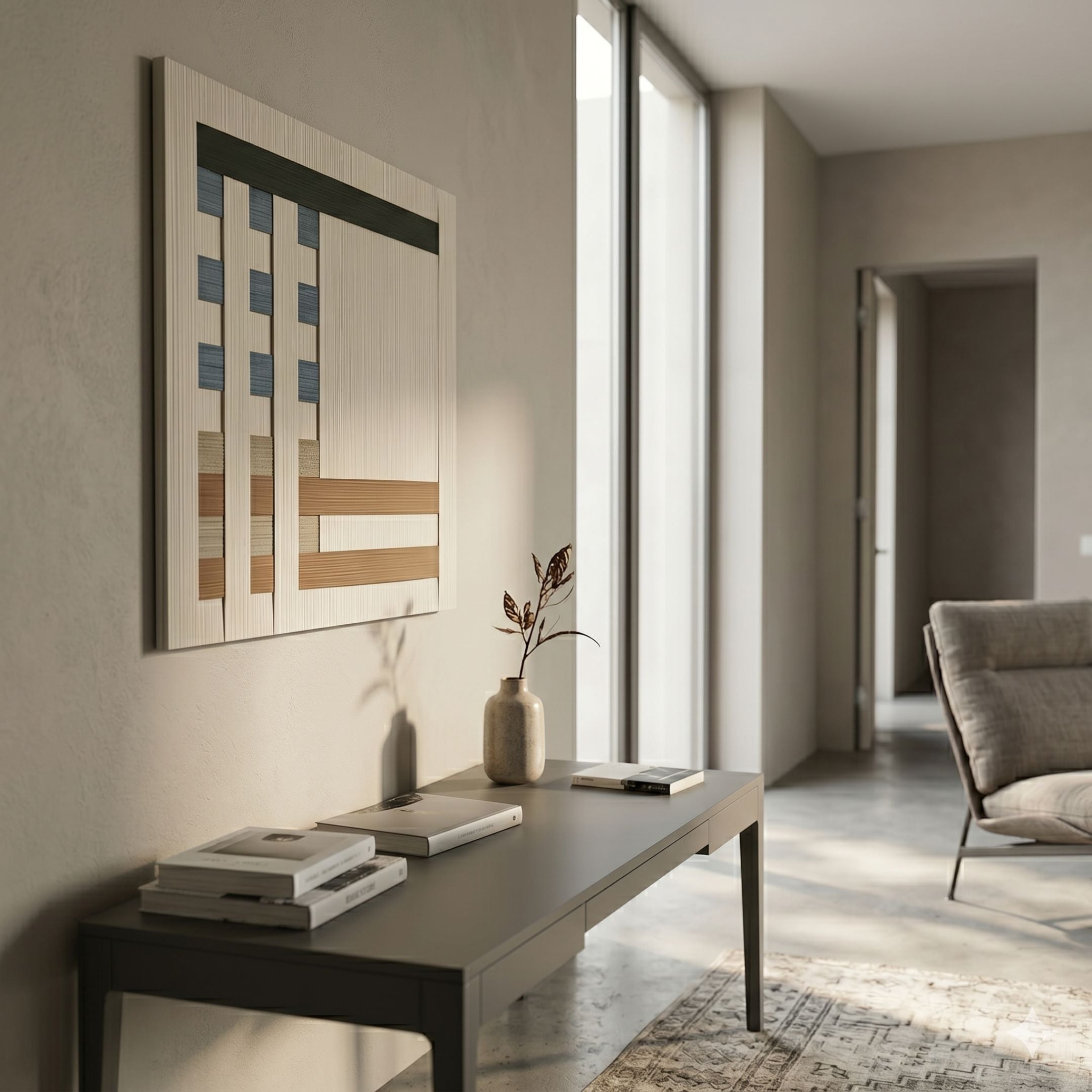 Tessella Blue & Sand Interwoven Yarn 3D Wall Art by Giant Sculptures mounted above a dark console table with vase and books in a sunlit modern hallway.
