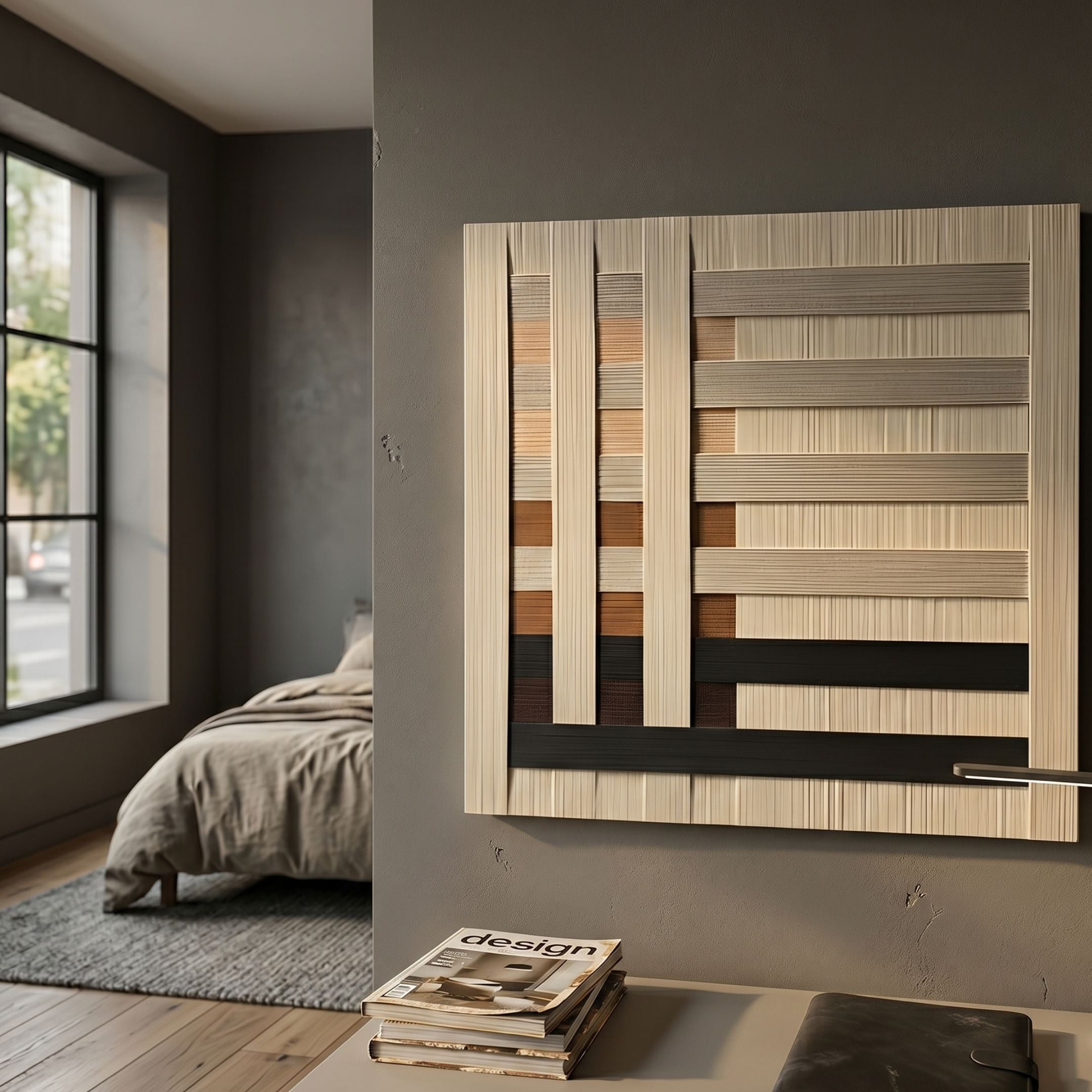 Tessella Umber & Black Interwoven Yarn 3D Wall Art by Giant Sculptures mounted on a dark grey wall beside a bedroom with linen bedding and a window.