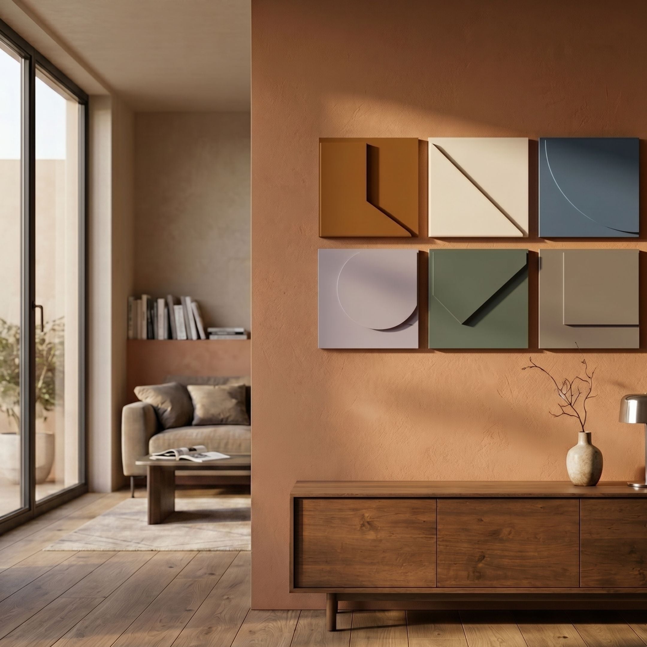 Cavora 6-Panel Relief Hand-Painted 3D Wall Art by Giant Sculptures displayed on a terracotta wall above a wooden sideboard in a Nordic-style living room.