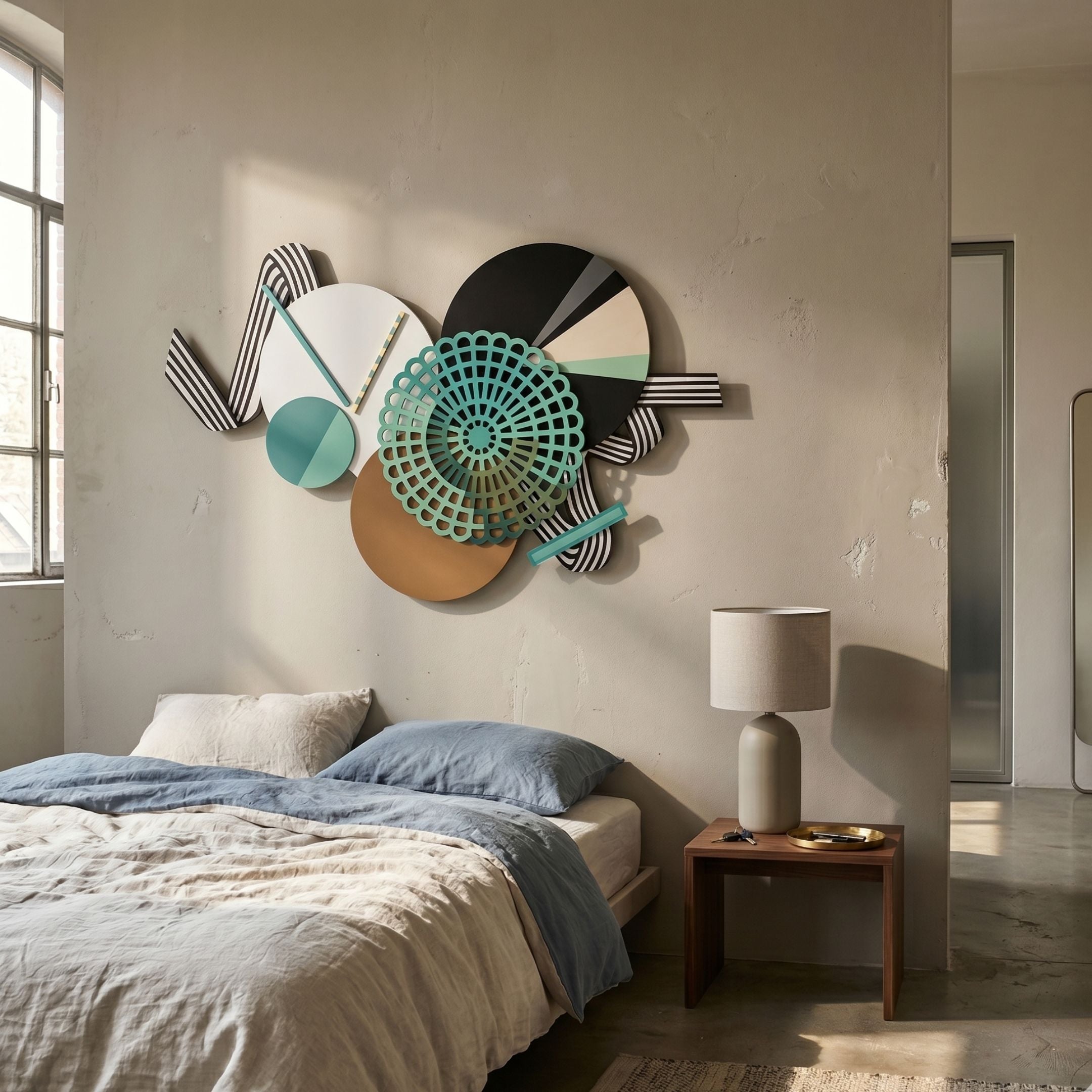 Cinetta Teal & Gold Geometric Wood Carved 3D Wall Art mounted above a bed with blue and cream linens, beside a wooden nightstand with a lamp.