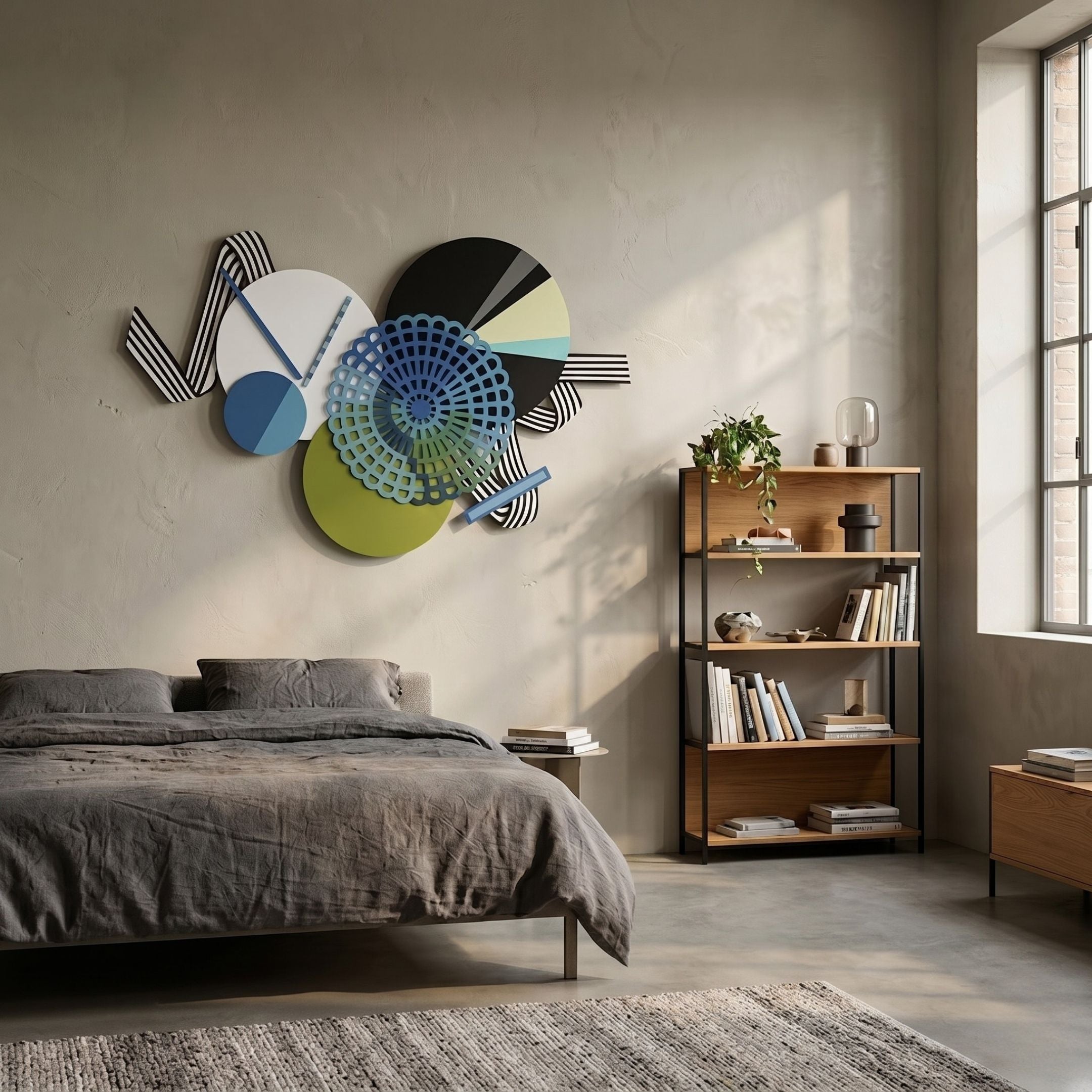 Cinetta Green & Blue Geometric Wood Carved 3D Wall Art by Giant Sculptures displayed above a grey linen bed in a modern bedroom beside a wooden bookshelf.