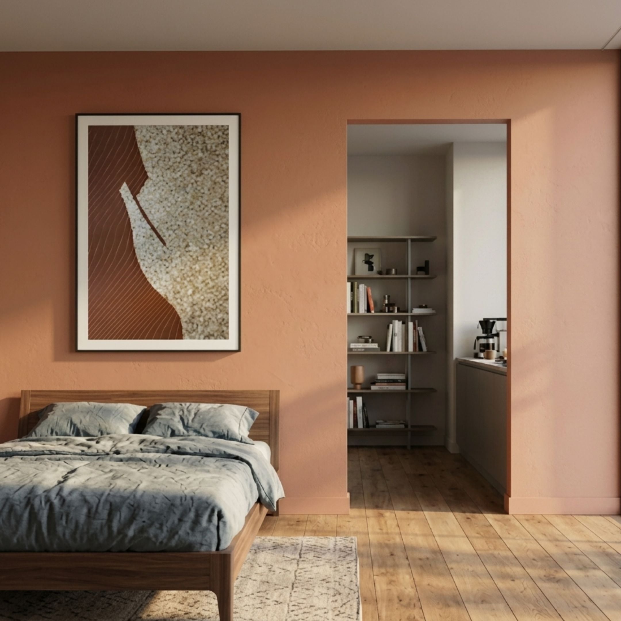 Straterra Shell Mosaic Abstract 3D Wall Art by Giant Sculptures displayed on a terracotta bedroom wall above a walnut bed with blue linen, near a kitchen doorway.