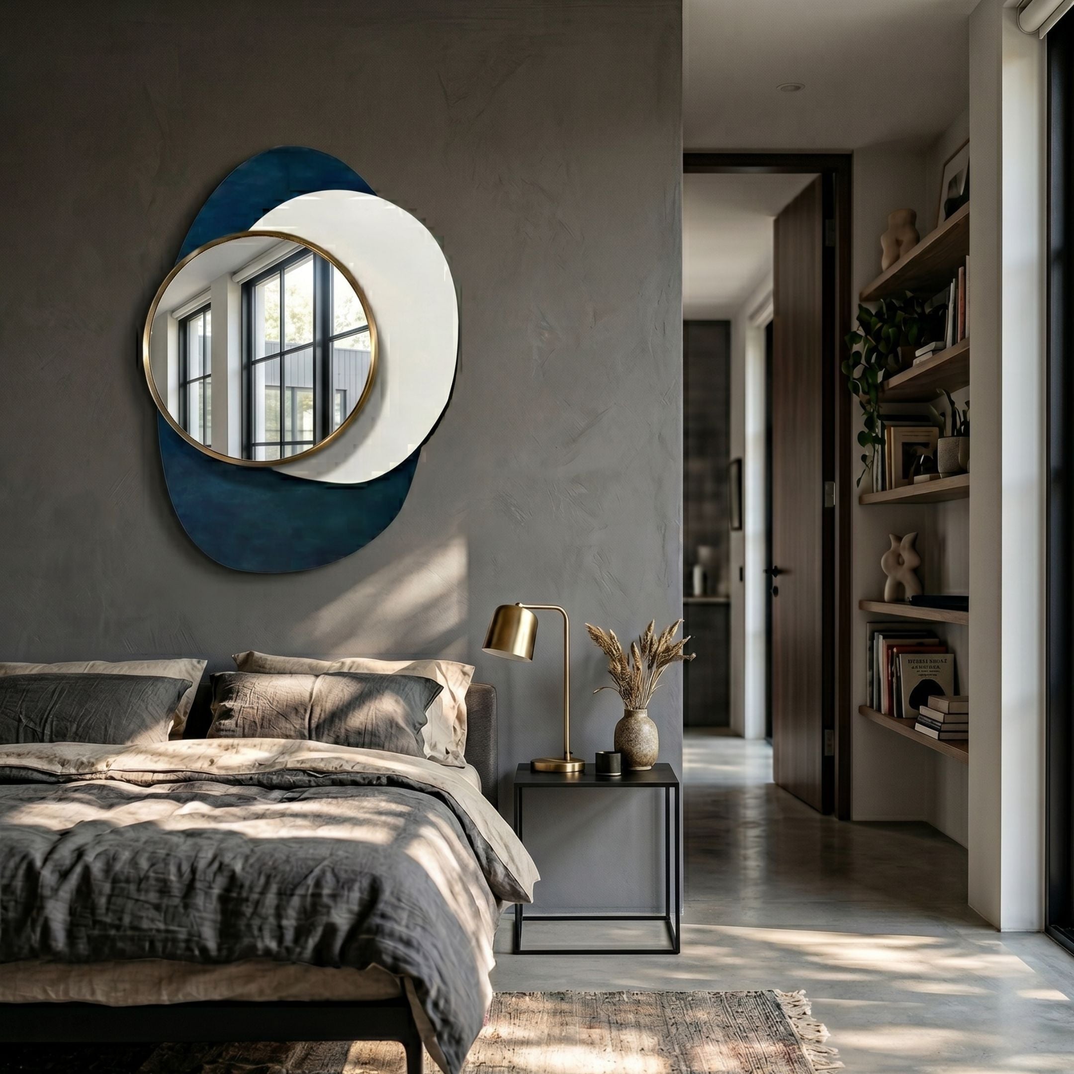 Solistra Azure I Layered Round Mirror 3D Wall Art by Giant Sculptures mounted above a grey linen bed with a brass lamp and nightstand in a modern bedroom.