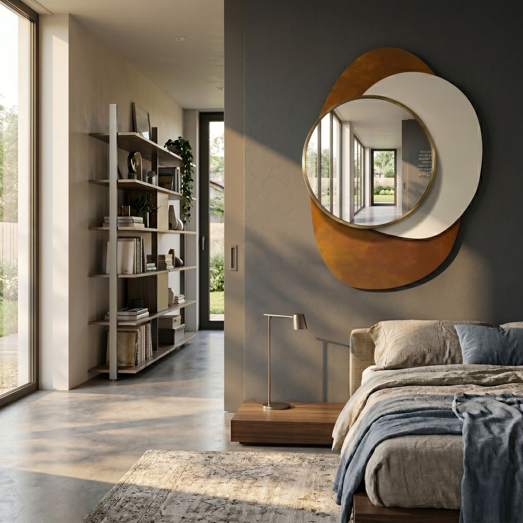 Solistra Amber I Layered Round Mirror 3D Wall Art by Giant Sculptures mounted on a dark grey bedroom wall above a bed, beside a shelving unit and window.