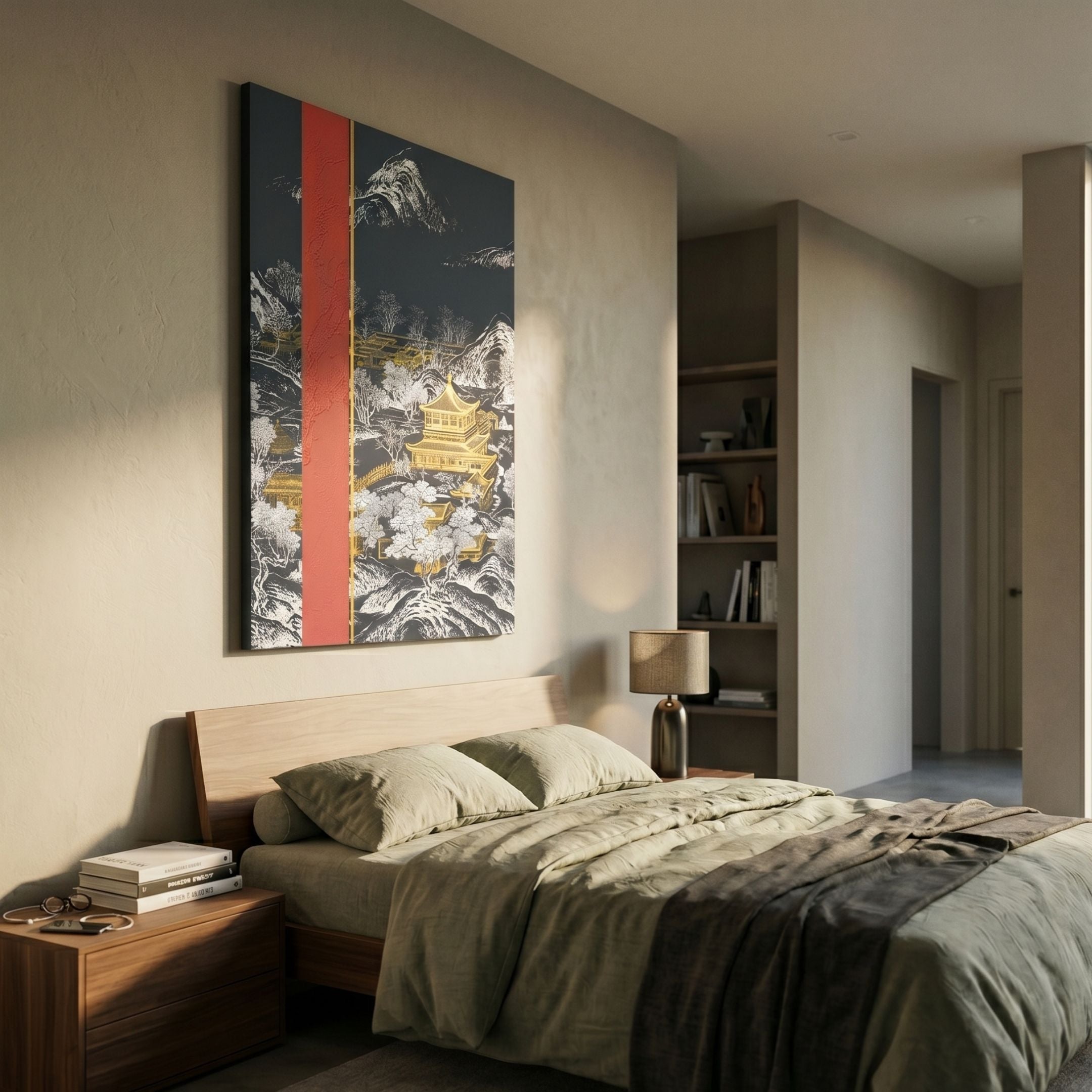 Yinjaro Crimson & Gold Temple Landscape 3D Wall Art by Giant Sculptures, displayed above a wooden bed with sage green linens in a warmly lit bedroom.