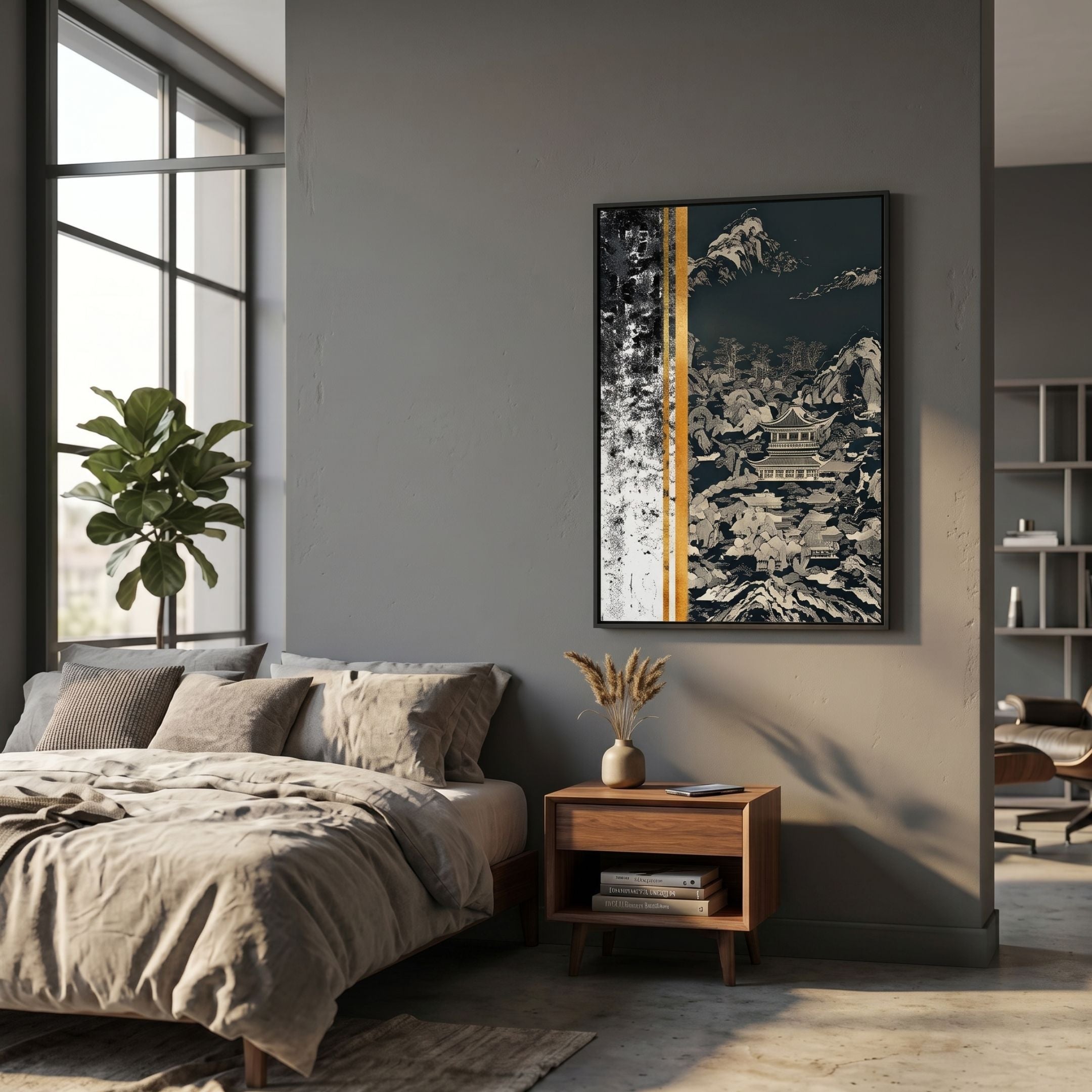 Yinjaro Monochrome & Amber Temple Landscape 3D Wall Art displayed above a wooden nightstand in a grey-walled bedroom with linen bedding and a fiddle leaf fig.