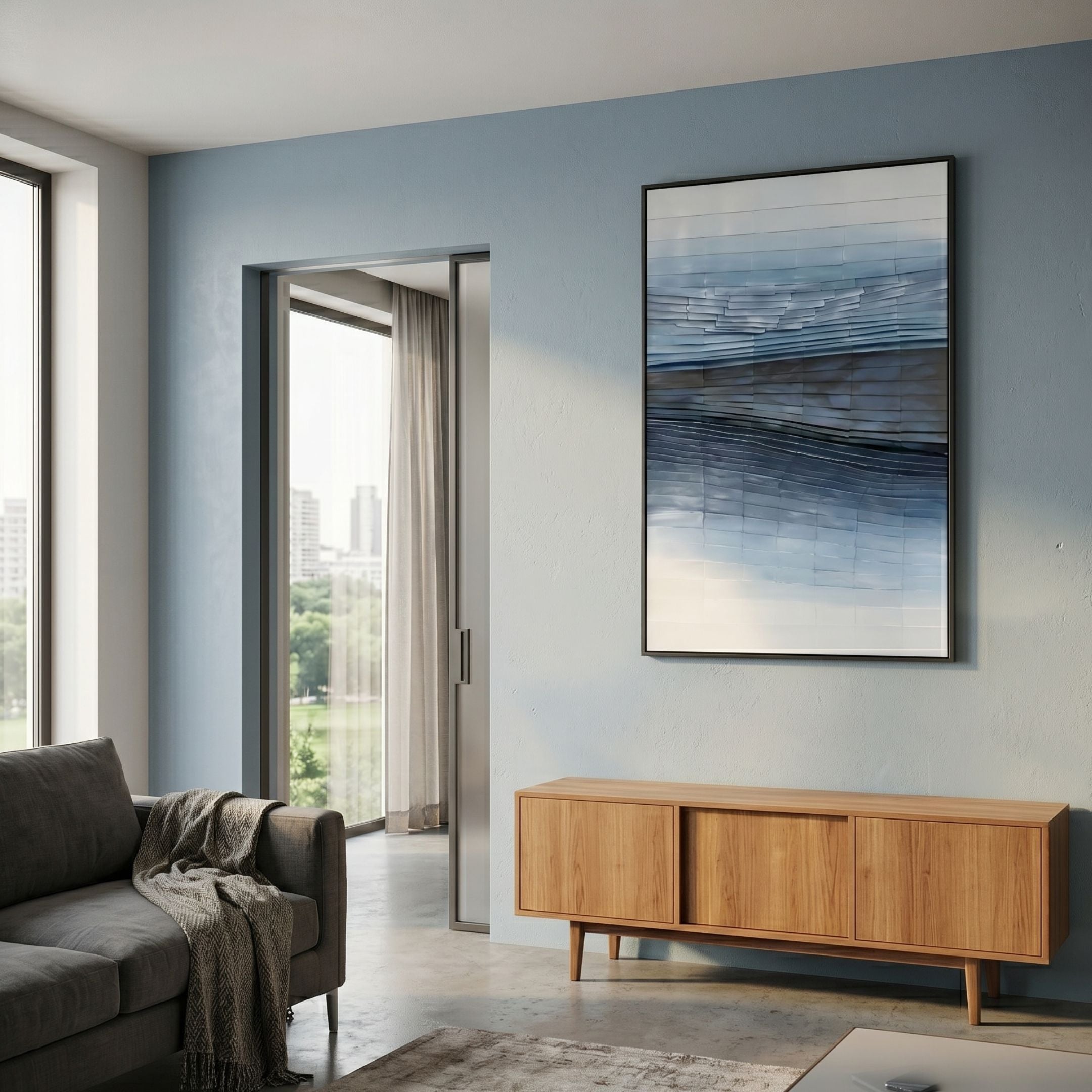 Sevara Deep Blue Layered Hand-Painted 3D Wall Art in a black frame, displayed on a pale blue living room wall above a wooden sideboard near a grey sofa.
