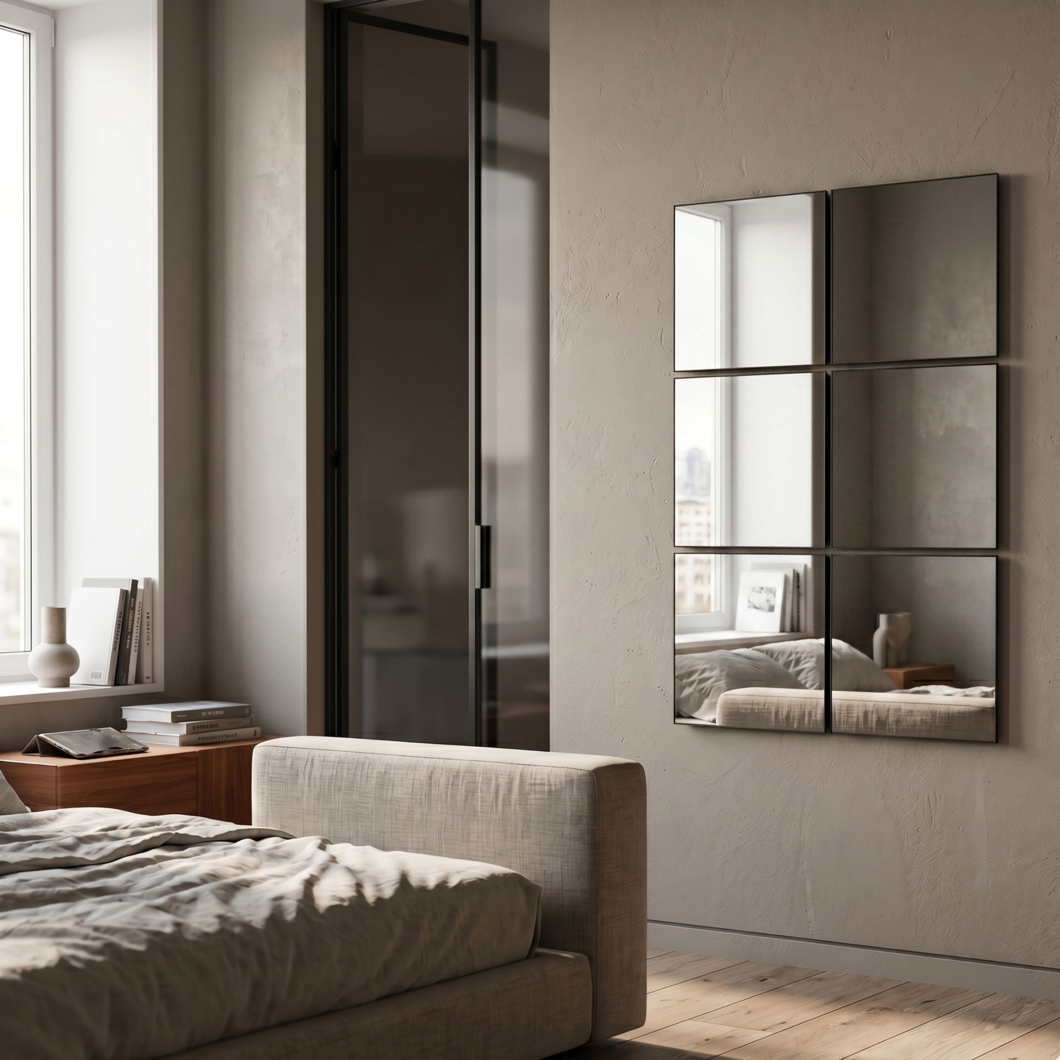 Quadria 6-Panel Grid Wall Mirror by Giant Sculptures, arranged in a 2x3 layout with thin dark borders on a beige wall in a modern bedroom beside a window.