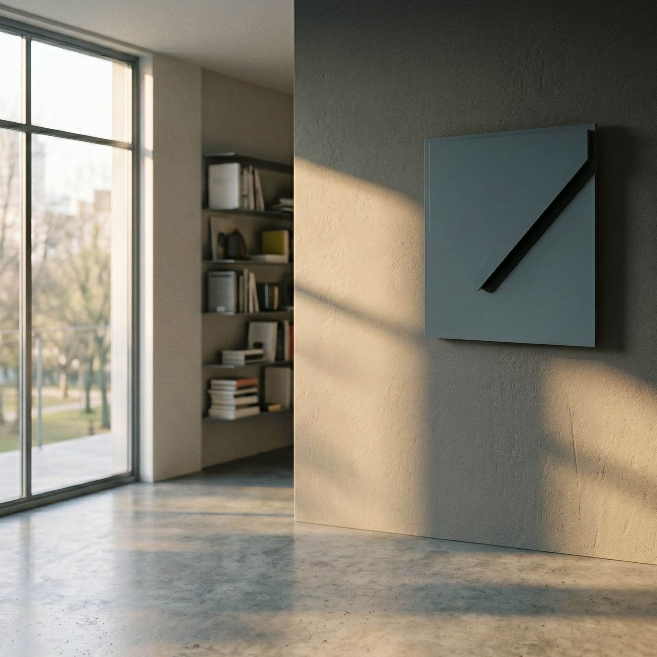 Cavora Slate Angular Carved Hand-Painted 3D Wall Art by Giant Sculptures mounted on a charcoal wall in a sunlit modern interior with bookshelves nearby.