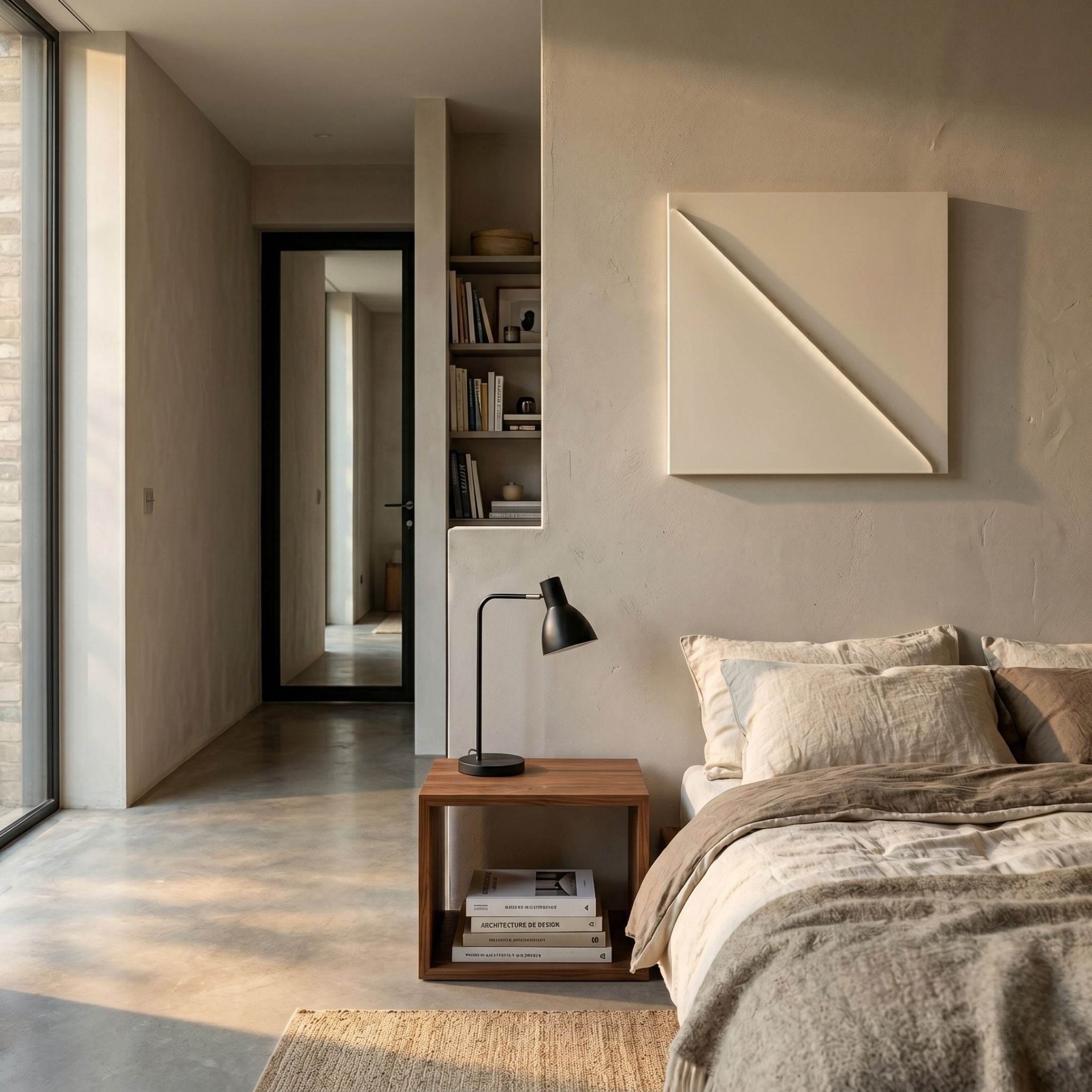 Cavora Ivory Diagonal Carved Hand-Painted 3D Wall Art by Giant Sculptures mounted above a walnut nightstand and linen-dressed bed in a warm minimalist bedroom.