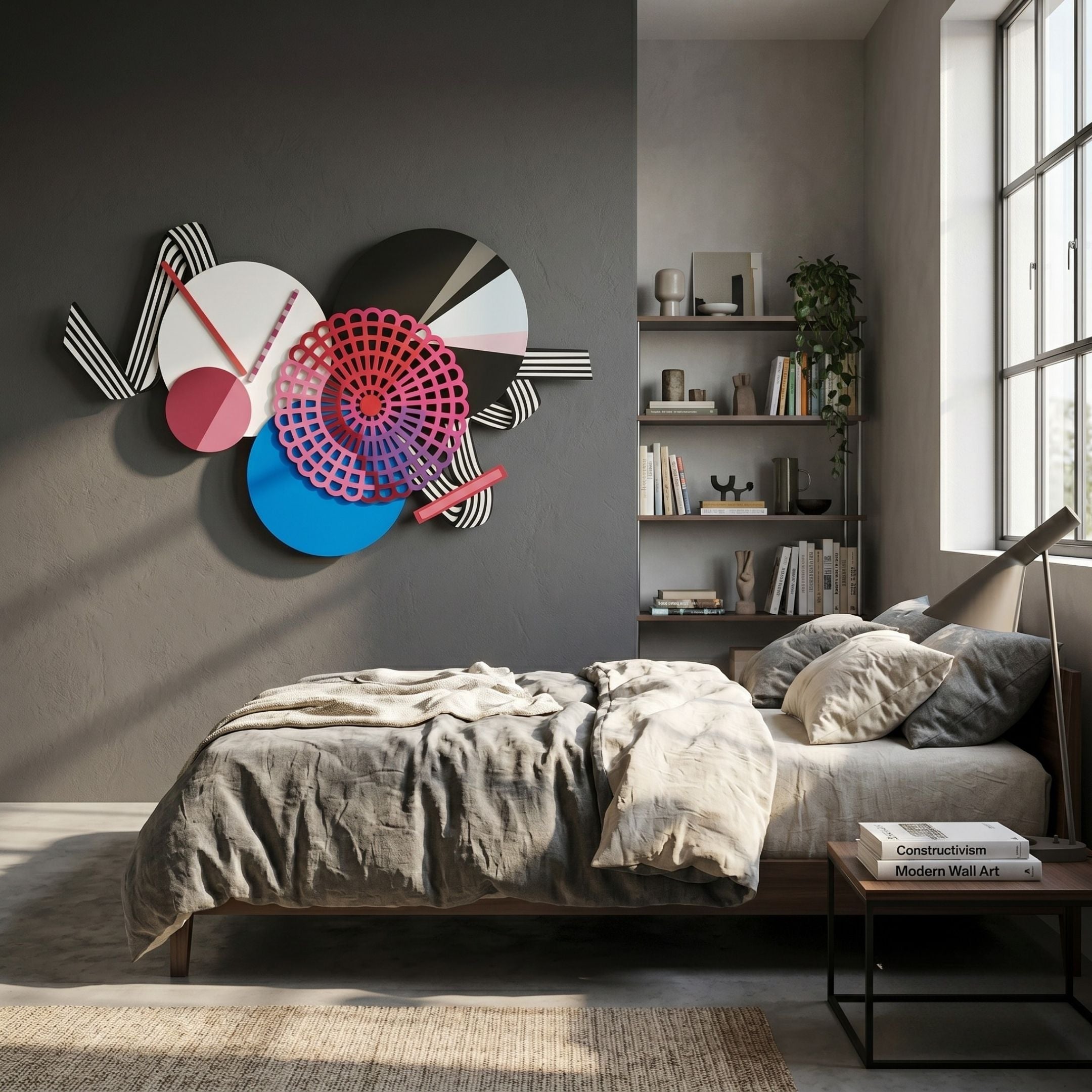 Cinetta Red & Blue Geometric Wood Carved 3D Wall Art by Giant Sculptures mounted above a linen-dressed bed in a grey-walled bedroom beside a bookshelf.