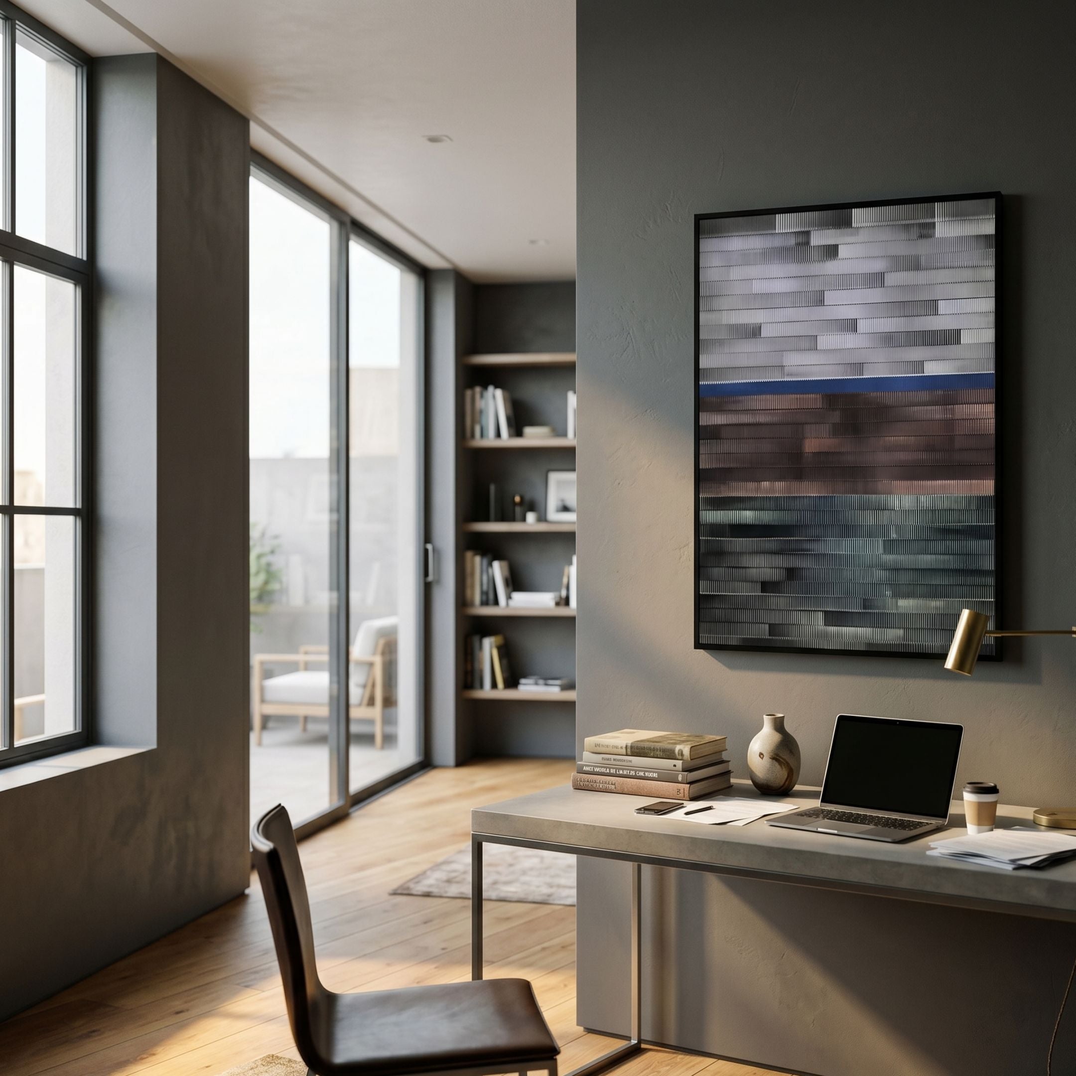 Chromastrata Steel–Umber Horizon Layered 3D Wall Art by Giant Sculptures displayed above a concrete desk in a modern home office with wood floors.