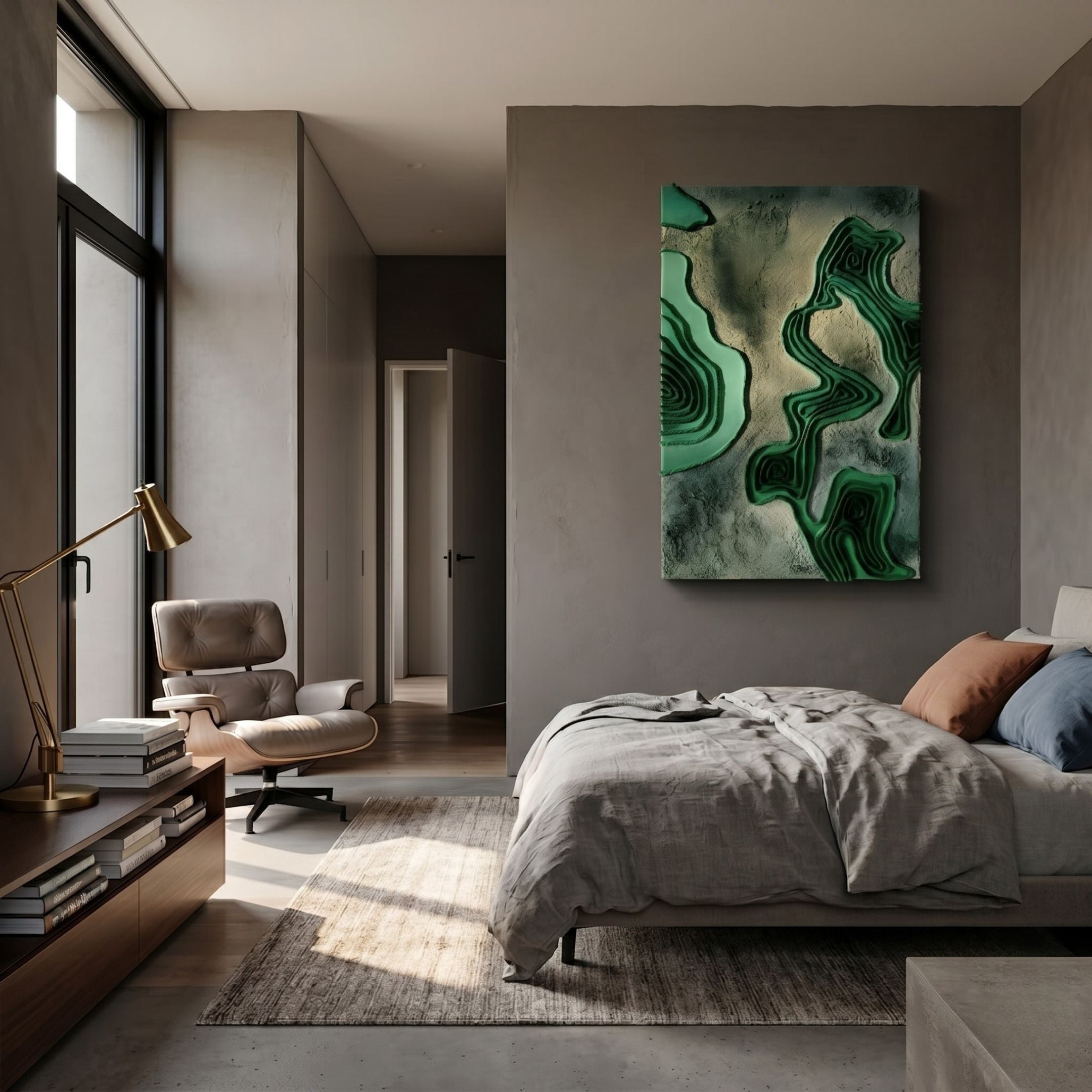 Terracore Deep Green Contour Relief Abstract 3D Wall Art by Giant Sculptures displayed above a bed in a modern bedroom with a leather lounge chair.