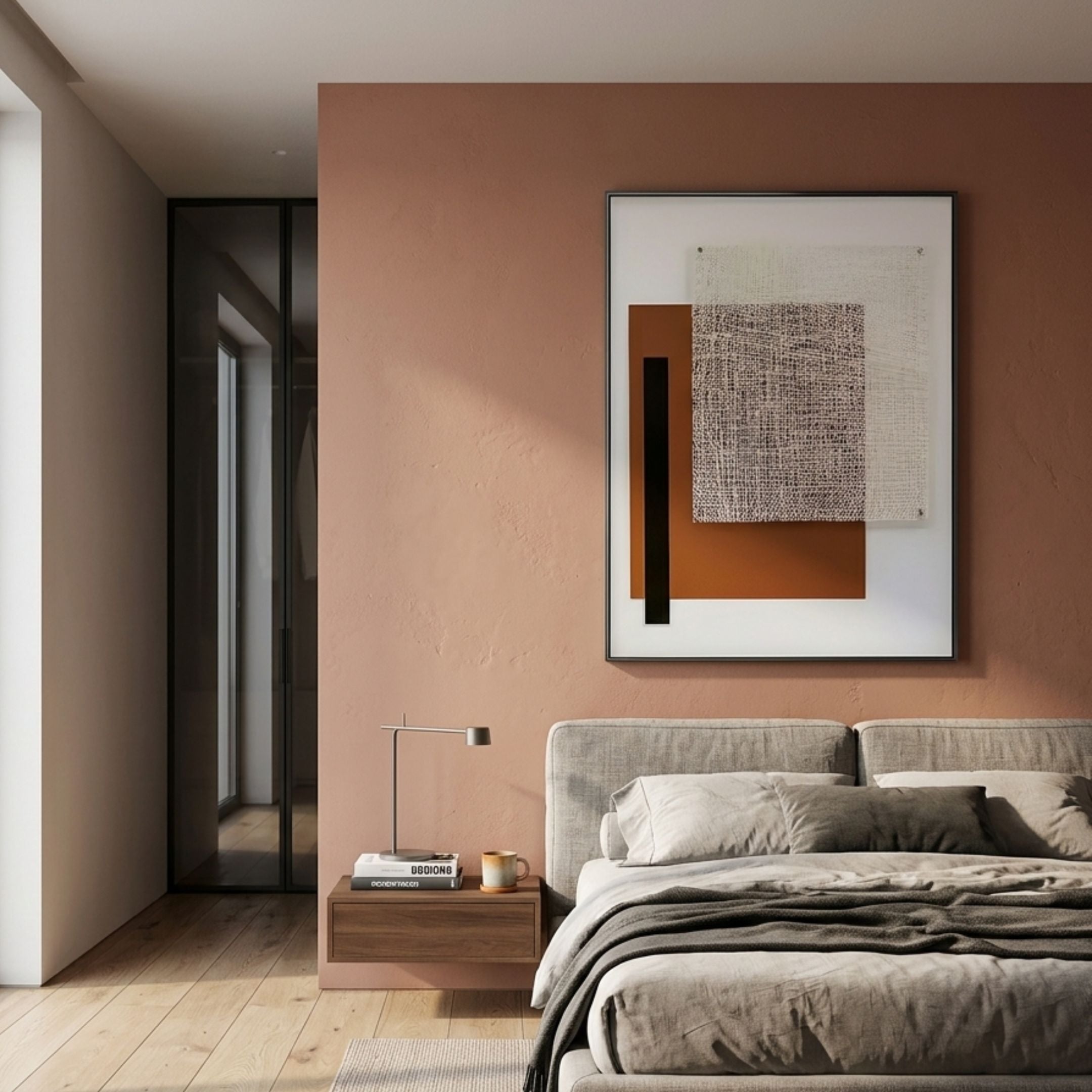 Linquetta Rust Grid Acrylic & Leather 3D Wall Art by Giant Sculptures displayed above a wooden nightstand in a terracotta bedroom with linen bed.