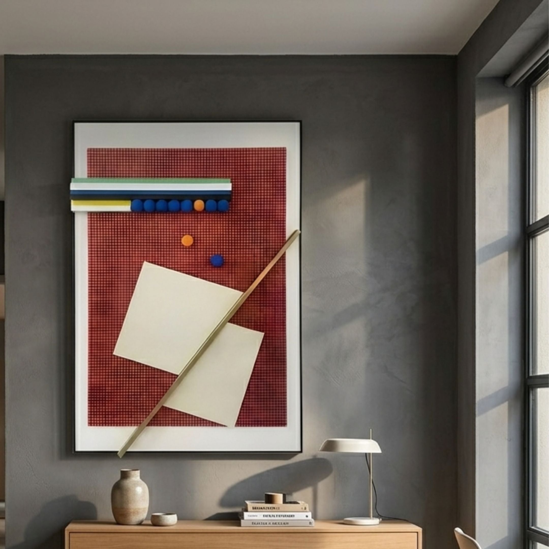 Grivaro Red Grid & Cream Panel Sphere Leather 3D Wall Art by Giant Sculptures mounted on a grey wall above a wooden console with vase and lamp.
