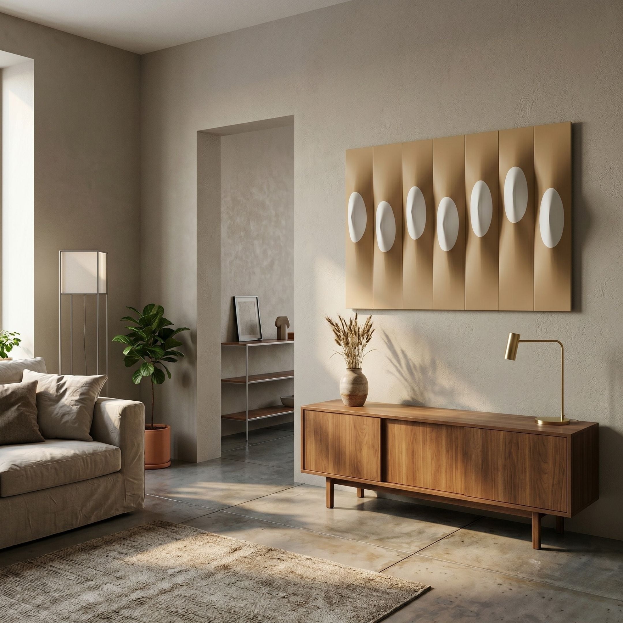 Virello Warm Ochre & White Disc Leather 3D Wall Art by Giant Sculptures mounted above a walnut sideboard in a neutral living room with sofa and plants.
