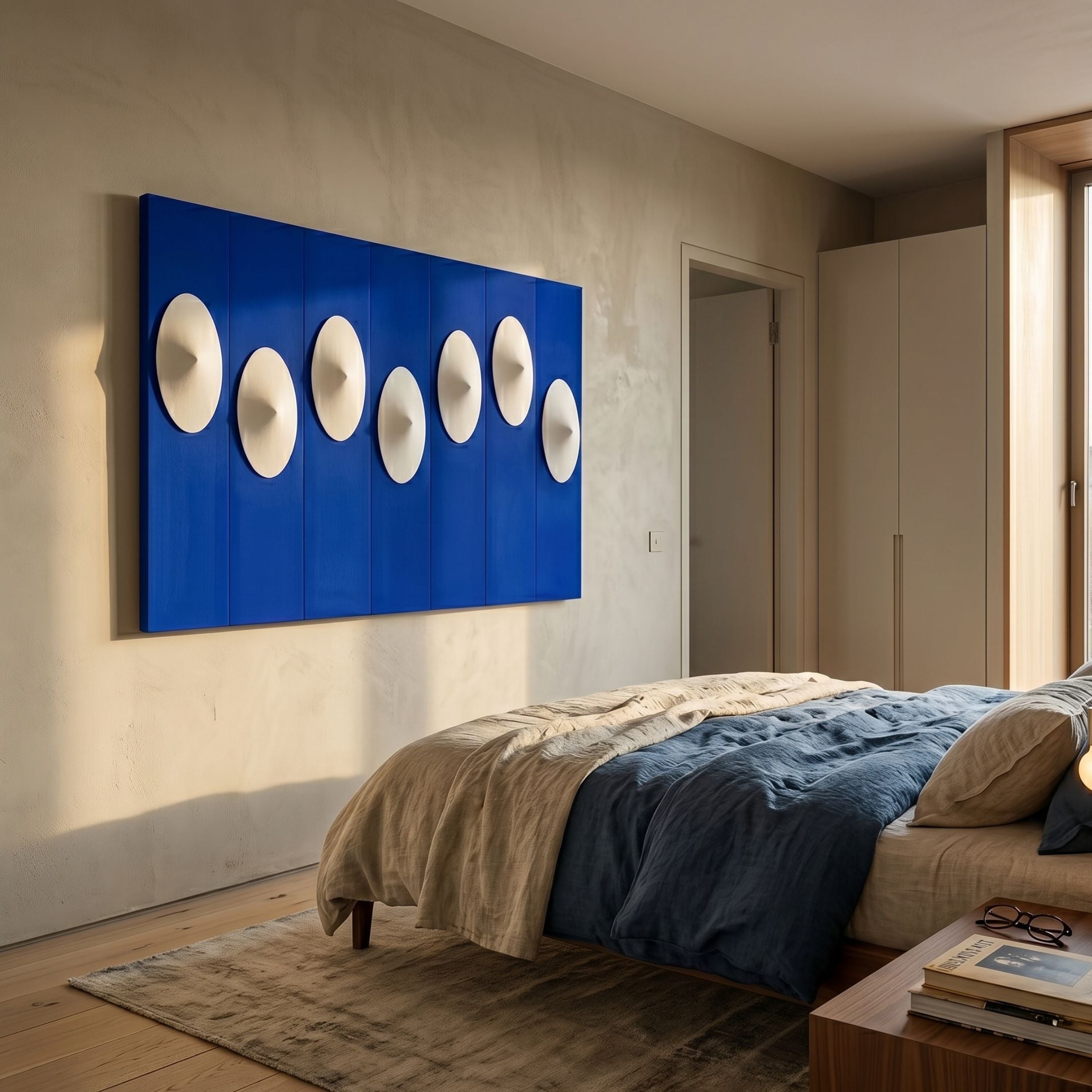Virello Deep Blue & White Disc Leather 3D Wall Art by Giant Sculptures mounted above a linen-dressed bed in a Nordic bedroom with cream walls and oak floors.