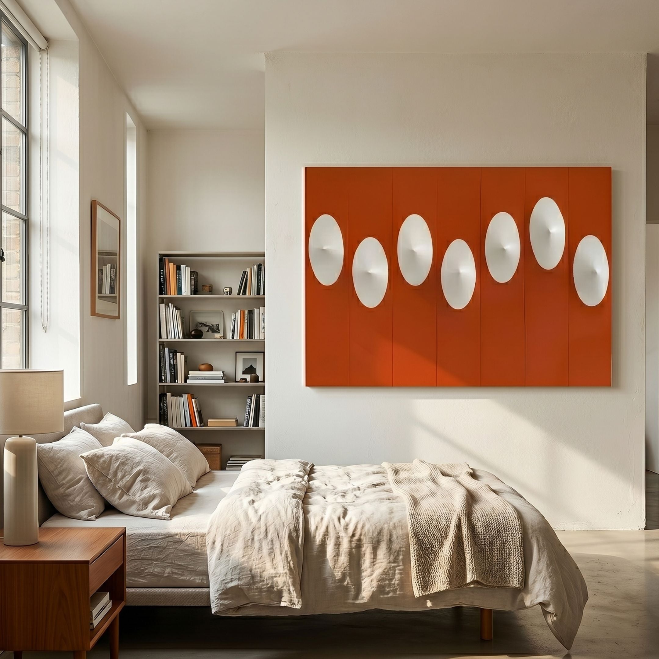 Virello Terracotta & White Disc Leather 3D Wall Art by Giant Sculptures mounted above a linen-dressed bed beside a bookshelf and wooden nightstand in a sunlit bedroom.