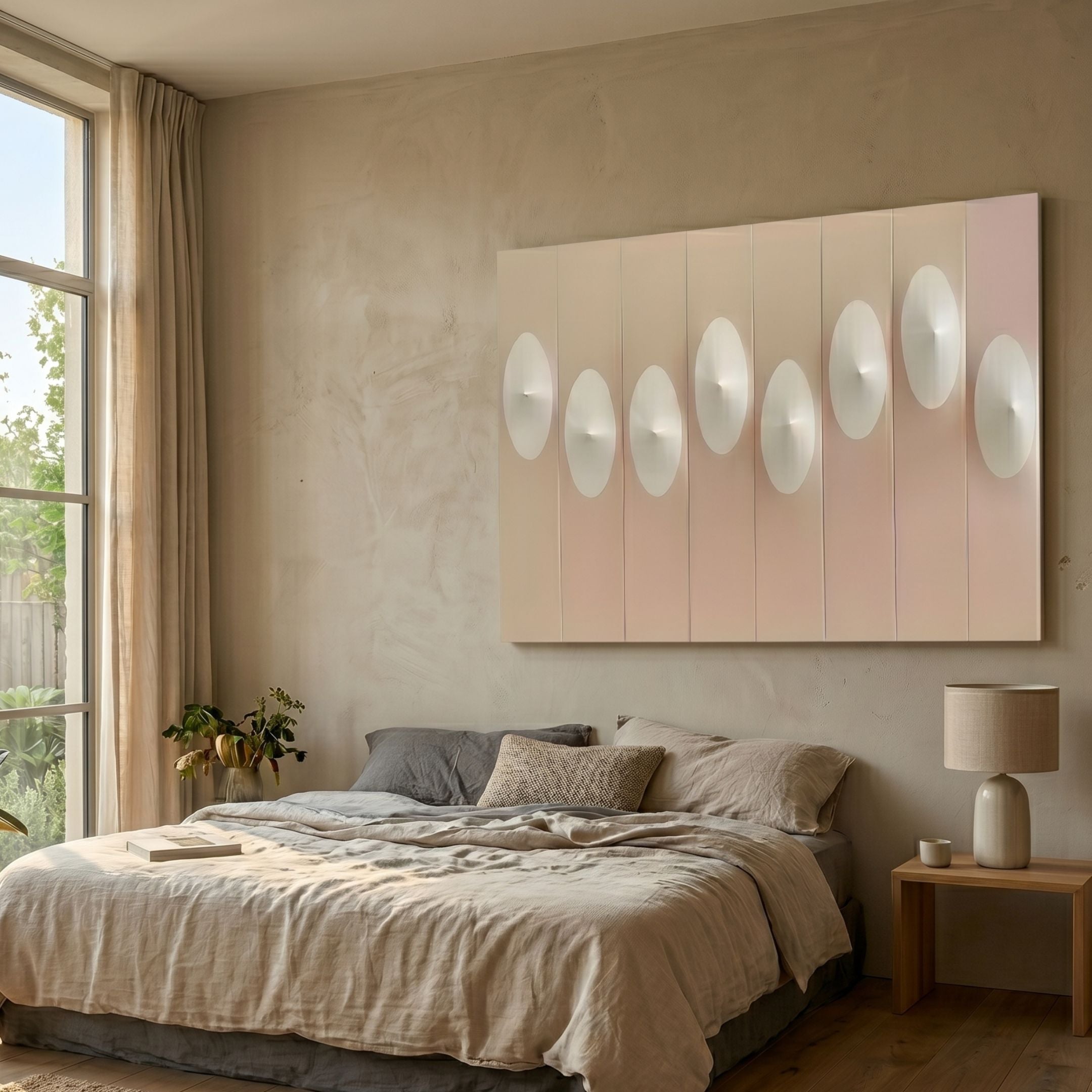 Virello Soft Blush & White Disc Leather 3D Wall Art by Giant Sculptures displayed above a linen-dressed bed in a sunlit neutral bedroom with side lamp.