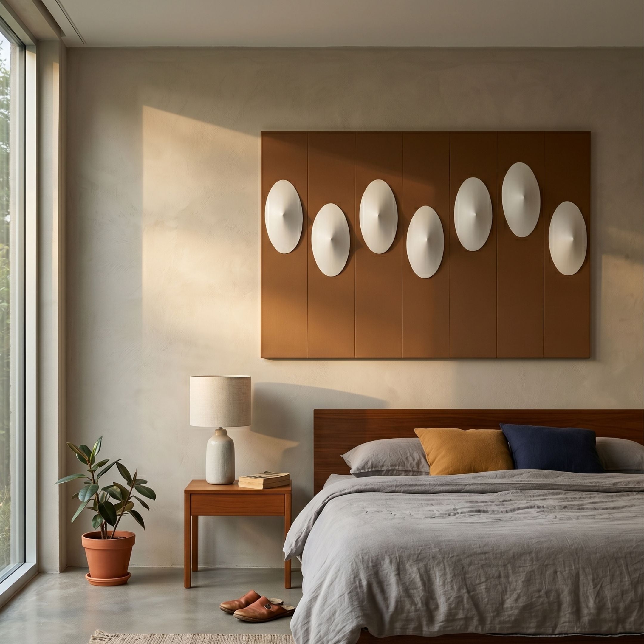 Virello Mocha & White Disc Leather 3D Wall Art by Giant Sculptures mounted above a walnut bed and nightstand in a sunlit modern bedroom with rubber plant.