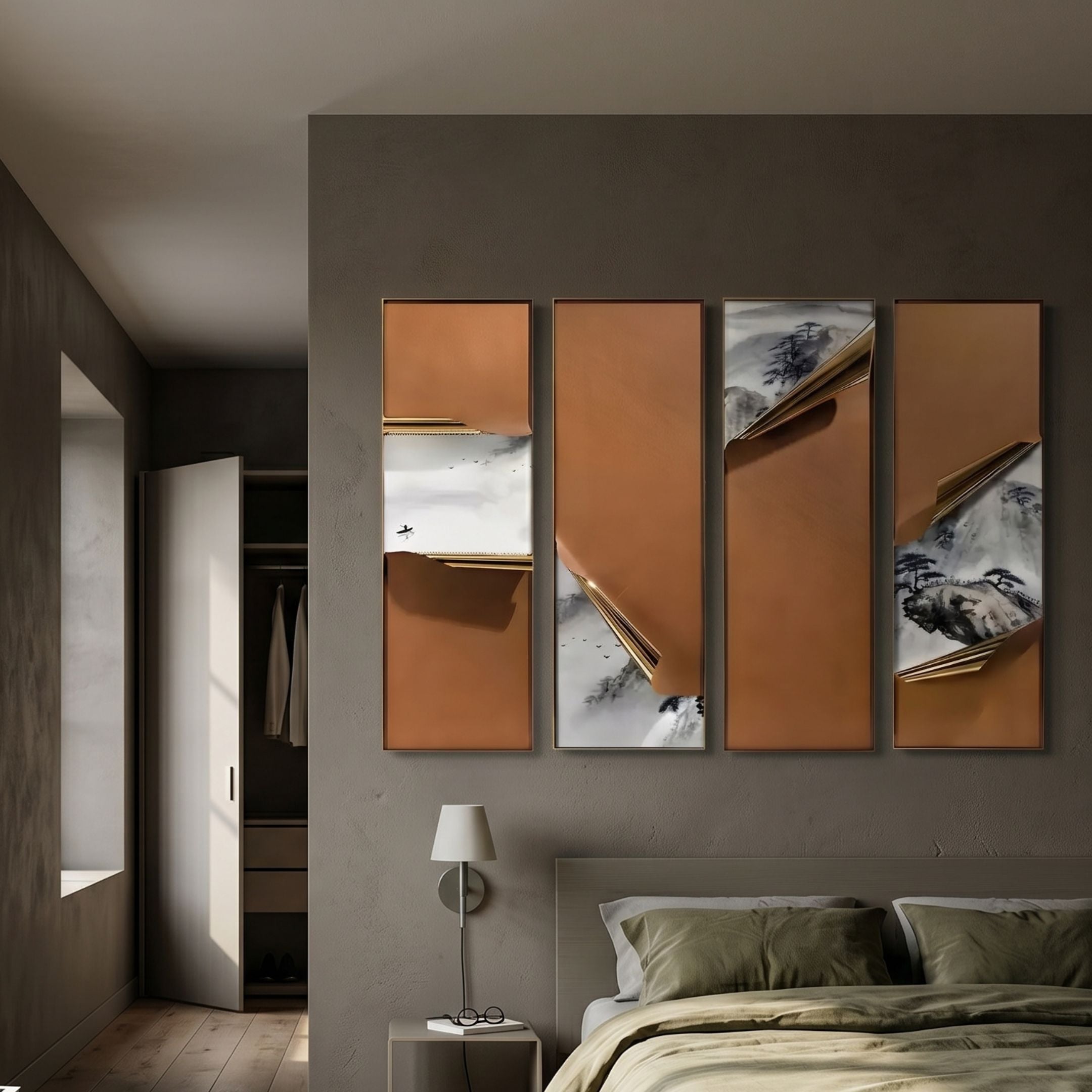 Cuvora 4-Panel Misty Pines Leather 3D Wall Art by Giant Sculptures, mounted above a bed in a warm grey bedroom with gold-edged peels revealing ink-wash pine landscapes.