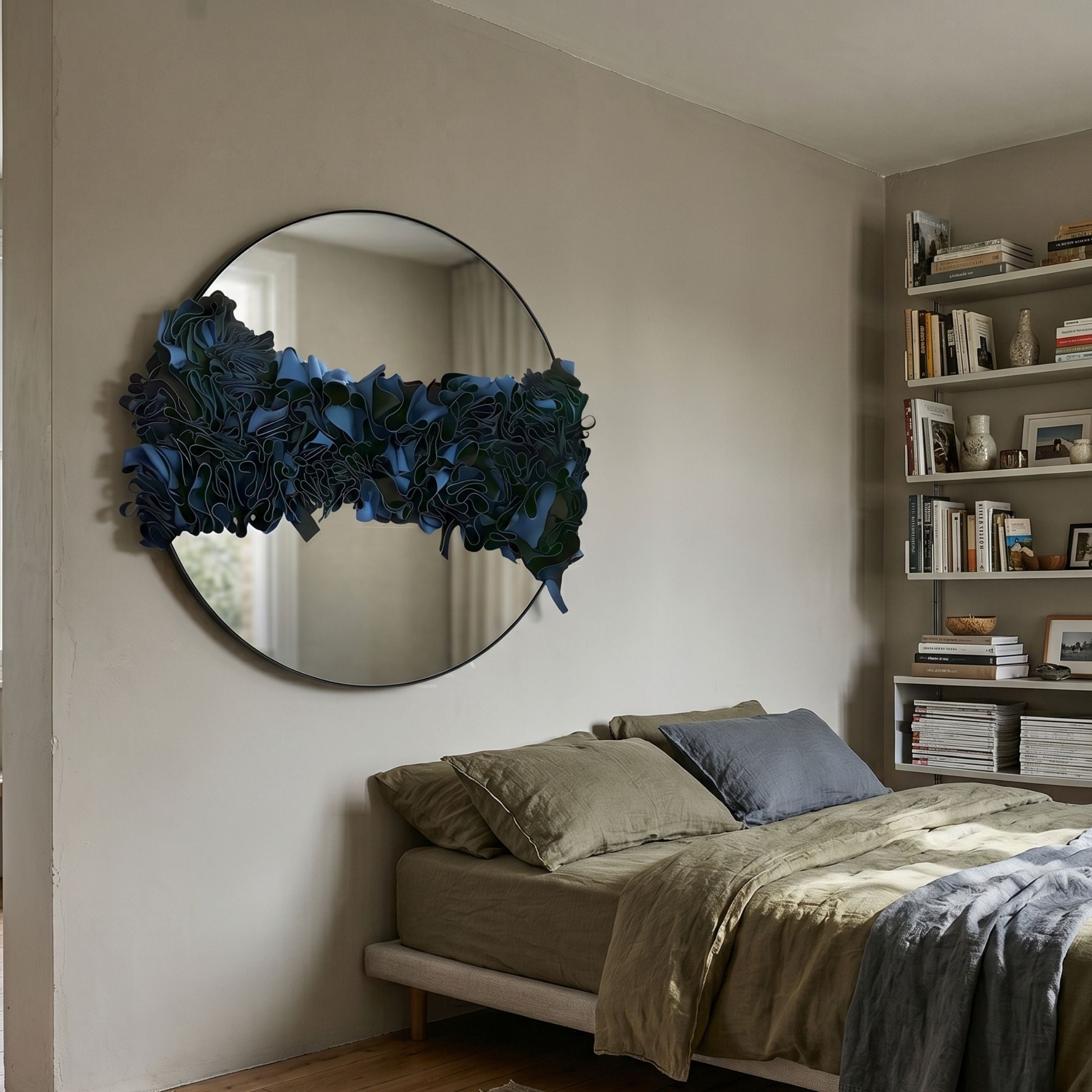 Stravelle Blue & Black Fold Leather Mirror 3D Wall Art by Giant Sculptures mounted above a linen-dressed bed beside white bookshelves in a modern bedroom.