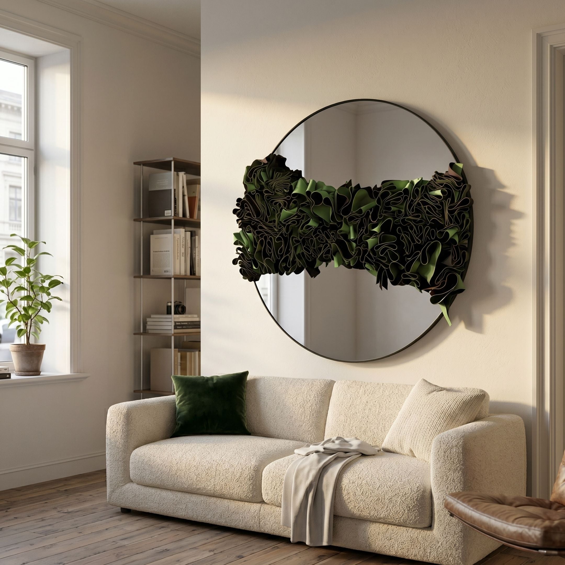 Stravelle Green & Black Fold Leather Mirror 3D Wall Art mounted above a cream bouclé sofa in a sunlit living room with bookshelf and potted plant.