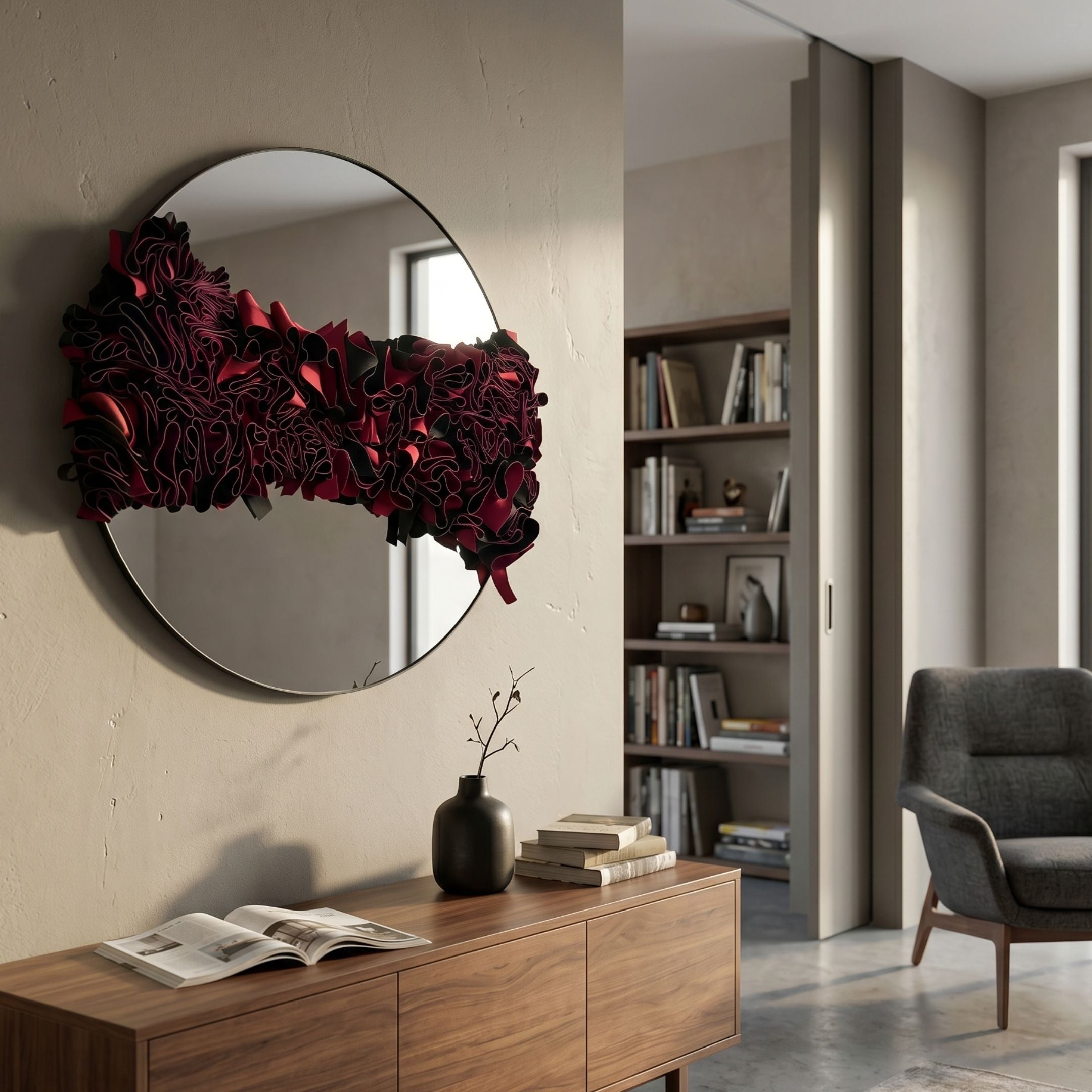 Stravelle Red & Black Fold Leather Mirror 3D Wall Art mounted above a walnut sideboard in a modern living room with bookshelves and a grey armchair.