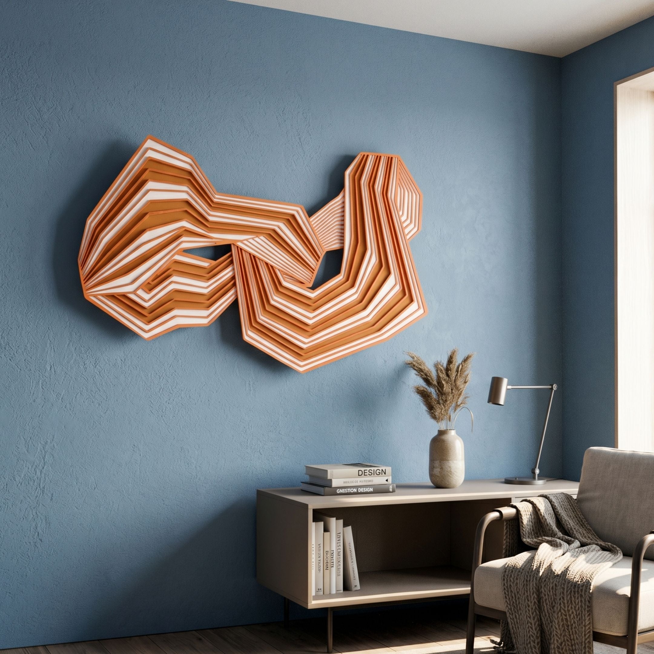 Riborra Orange Layered Wood Carving 3D Wall Art by Giant Sculptures, mounted on a blue wall above a console with books, vase, and lamp beside a grey armchair.