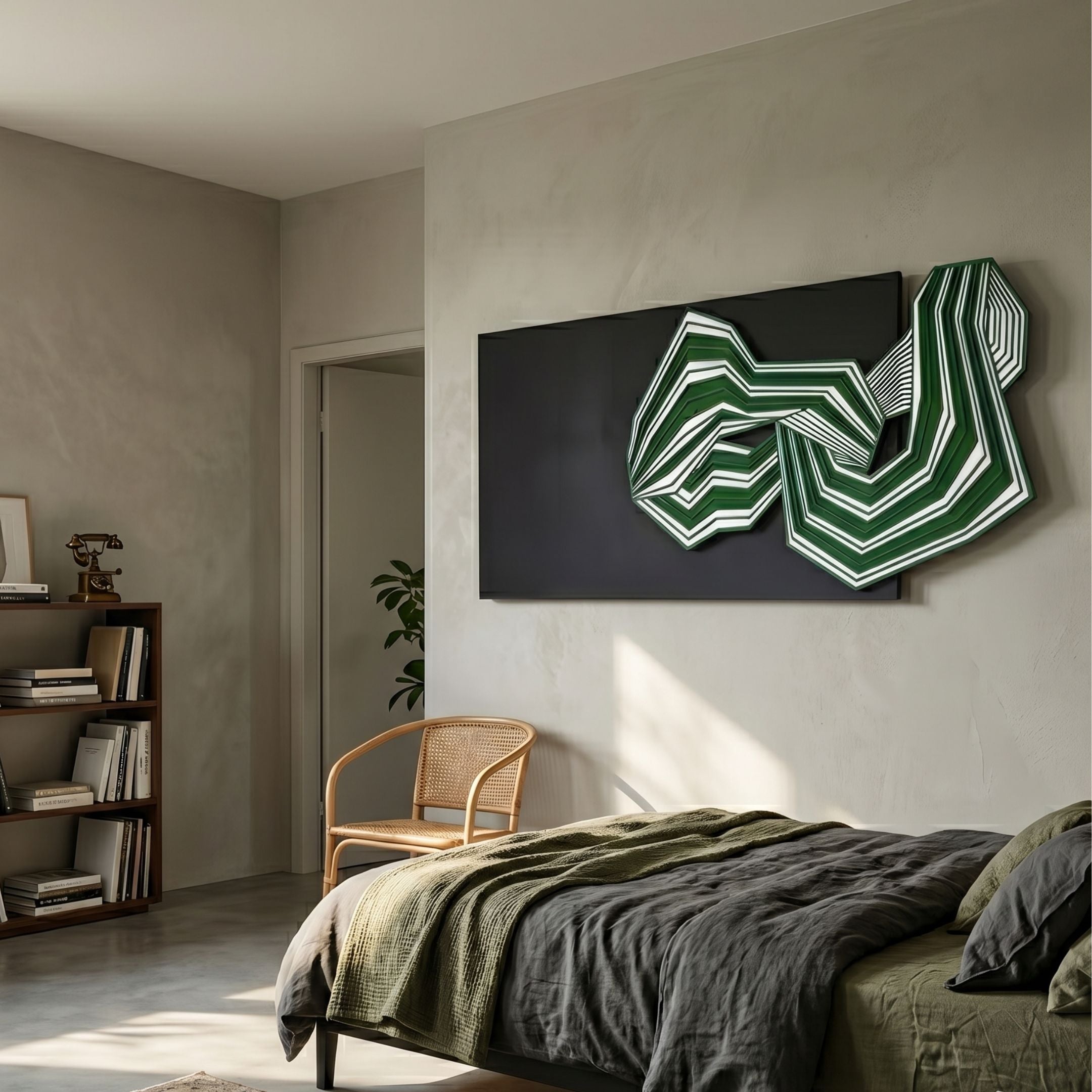 Riborra Black & Green Layered Wood Carving 3D Wall Art by Giant Sculptures displayed above a bed in a bedroom with a rattan chair and wooden bookshelf.