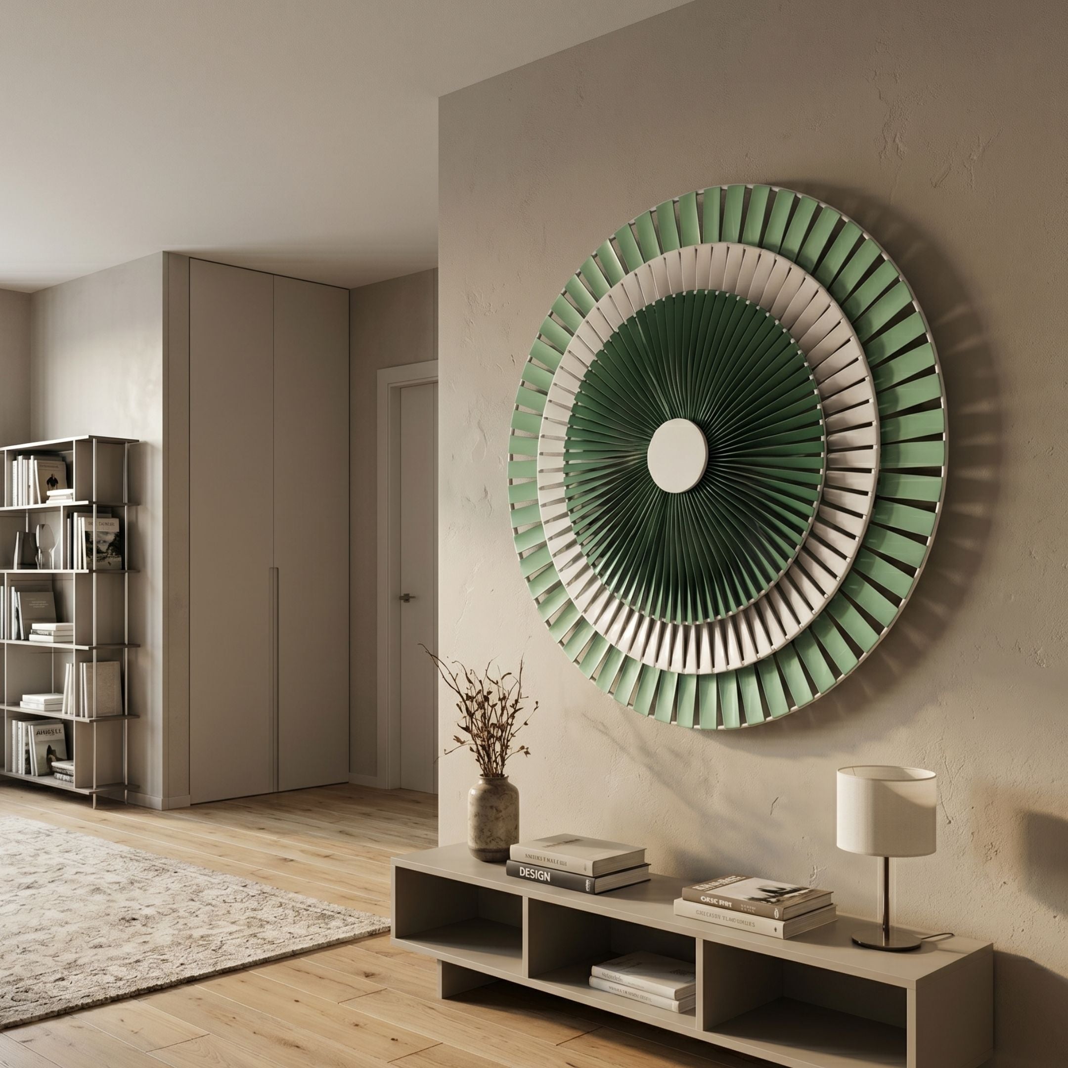 Radiora Green & White Leather Circular 3D Wall Art by Giant Sculptures mounted on a beige wall above a console table in a modern living room.