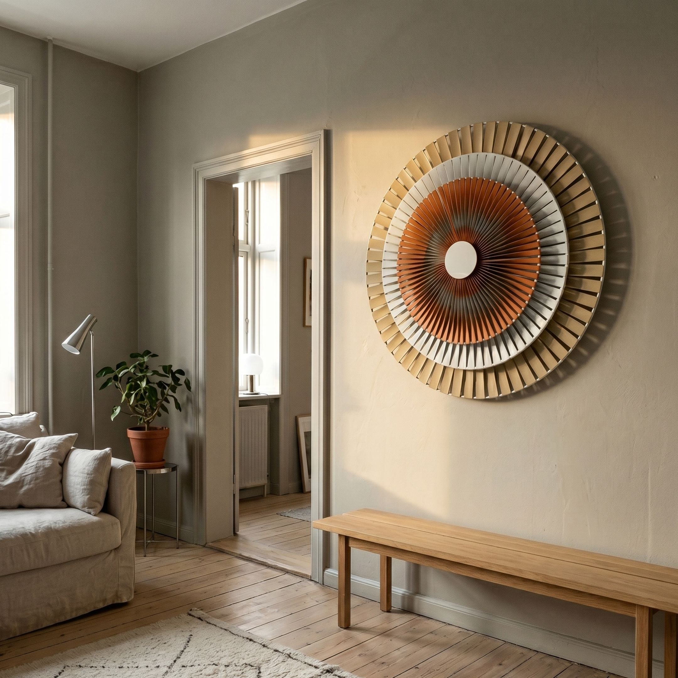 Radiora Copper & Gold Leather Circular 3D Wall Art by Giant Sculptures mounted in a neutral living room above a wooden bench, beside a linen sofa and potted plant.