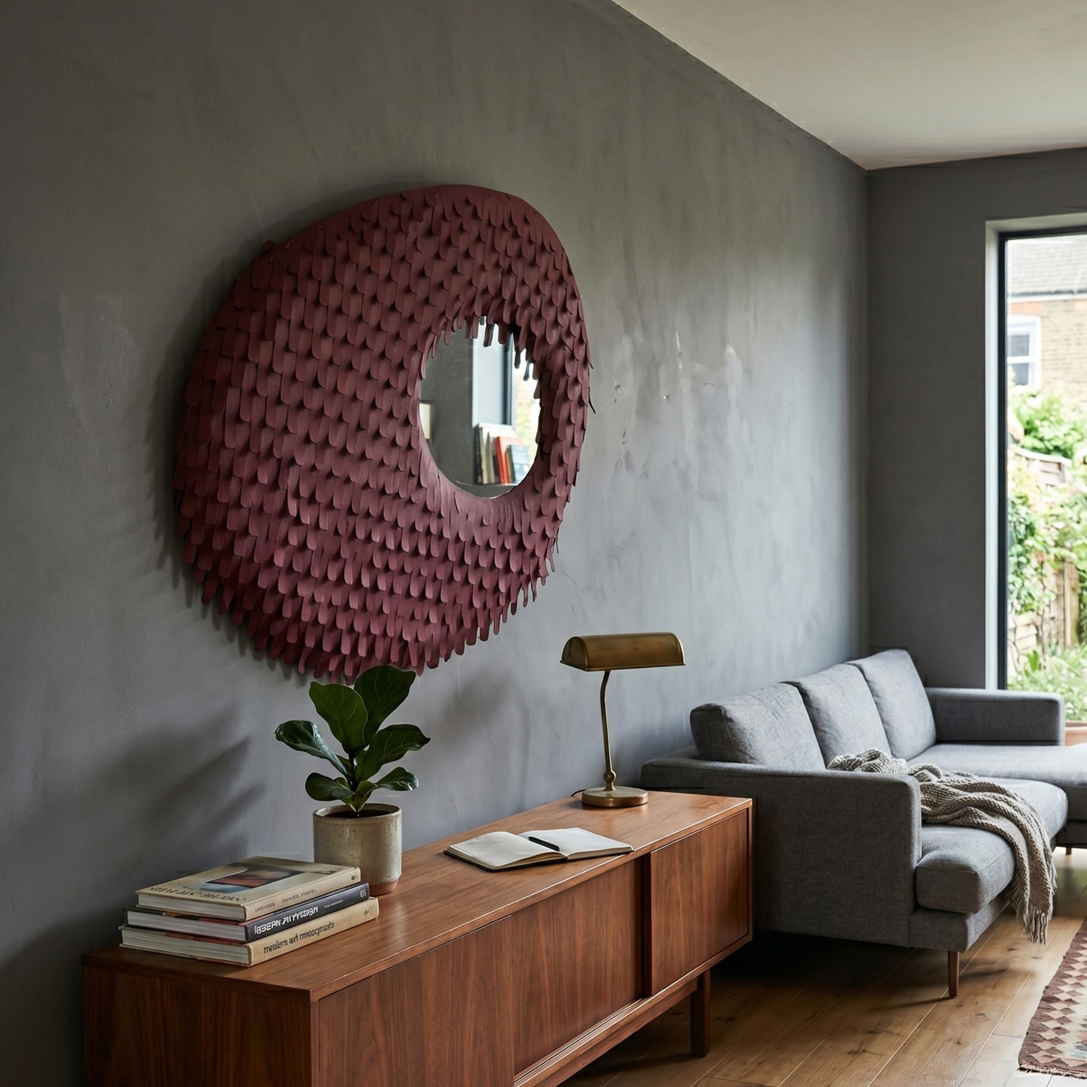 Aurec Burgundy Textured Leather & Mirror 3D Wall Art by Giant Sculptures displayed above a walnut sideboard in a grey living room with sofa and plant.