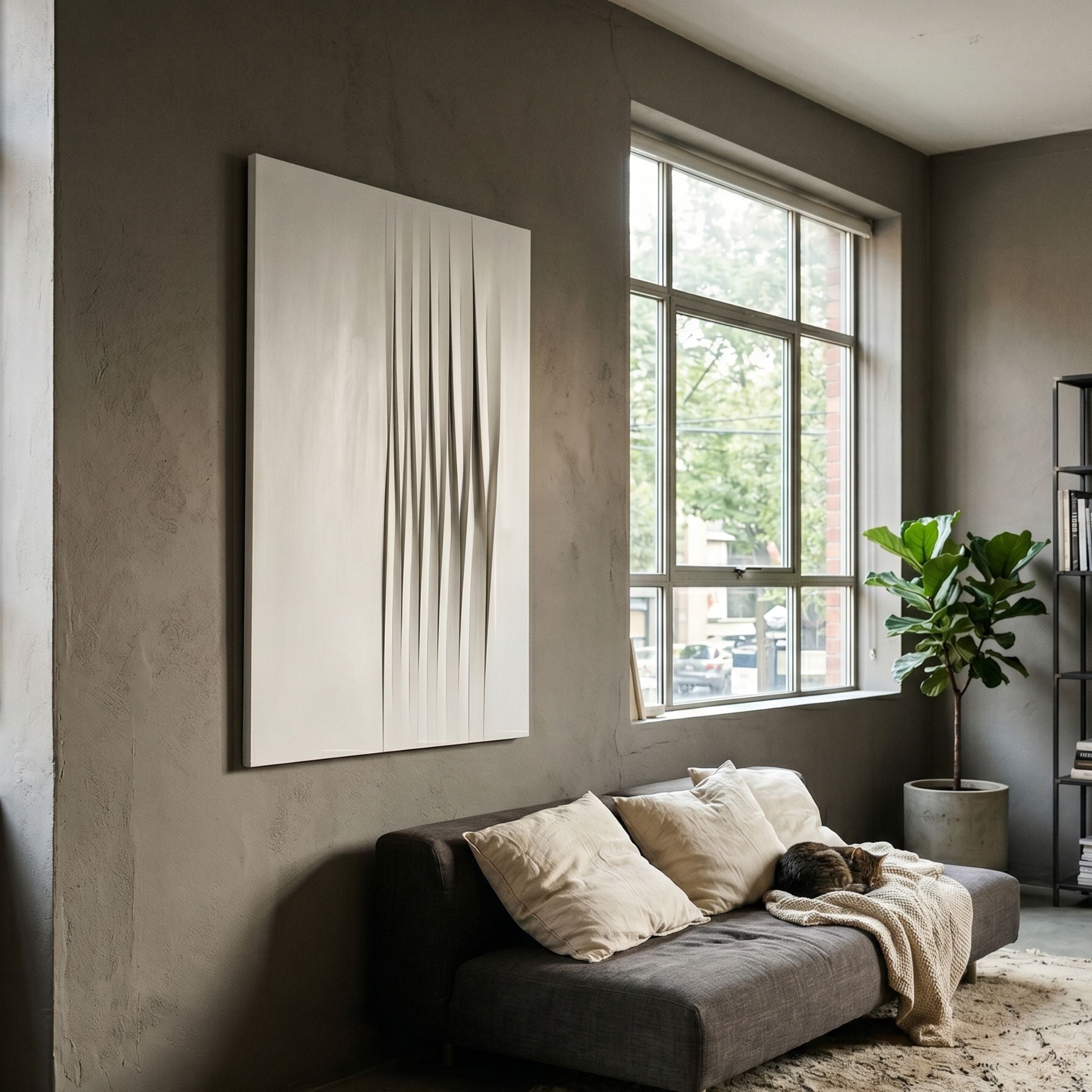 Vallion Silver Folded Leather 3D Wall Art by Giant Sculptures displayed above a grey sofa in a modern living room with a large window and fiddle-leaf fig.