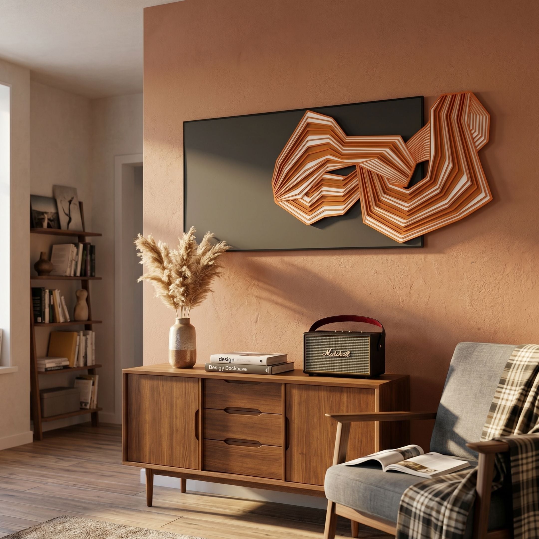 Riborra Black & Orange Layered Wood Carving 3D Wall Art by Giant Sculptures mounted above a walnut sideboard with pampas grass, a Marshall speaker, and armchair.