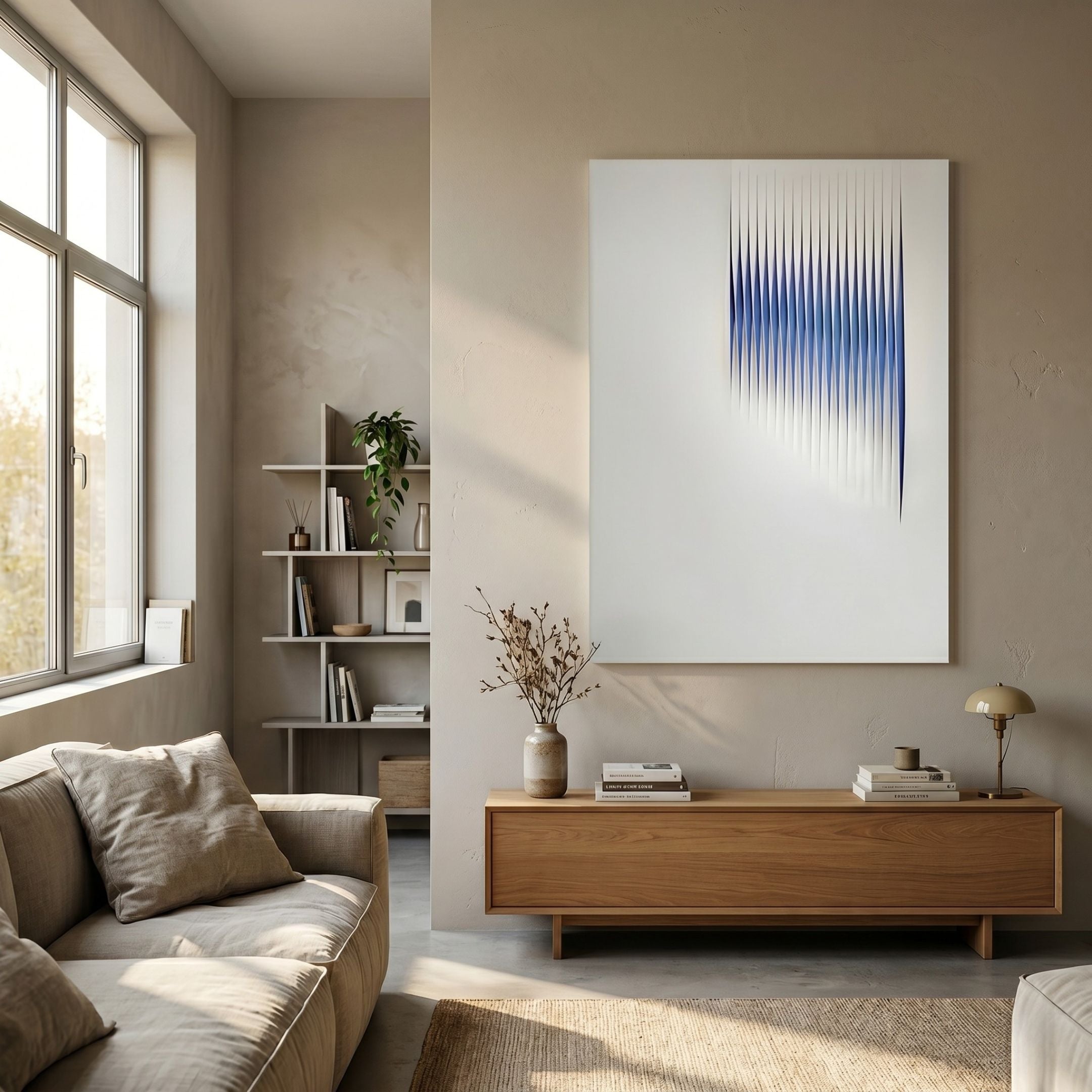 Vallion Indigo Gradient Ripple Leather 3D Wall Art by Giant Sculptures mounted above a wooden console in a sunlit neutral living room with sofa and shelving.