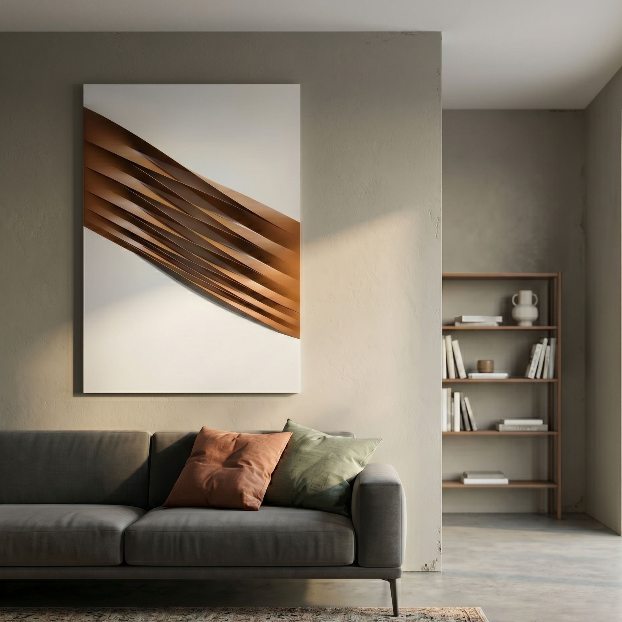 Vallion Caramel Wave Folded Leather 3D Wall Art by Giant Sculptures displayed above a grey sofa, with caramel leather strips flowing diagonally across white.
