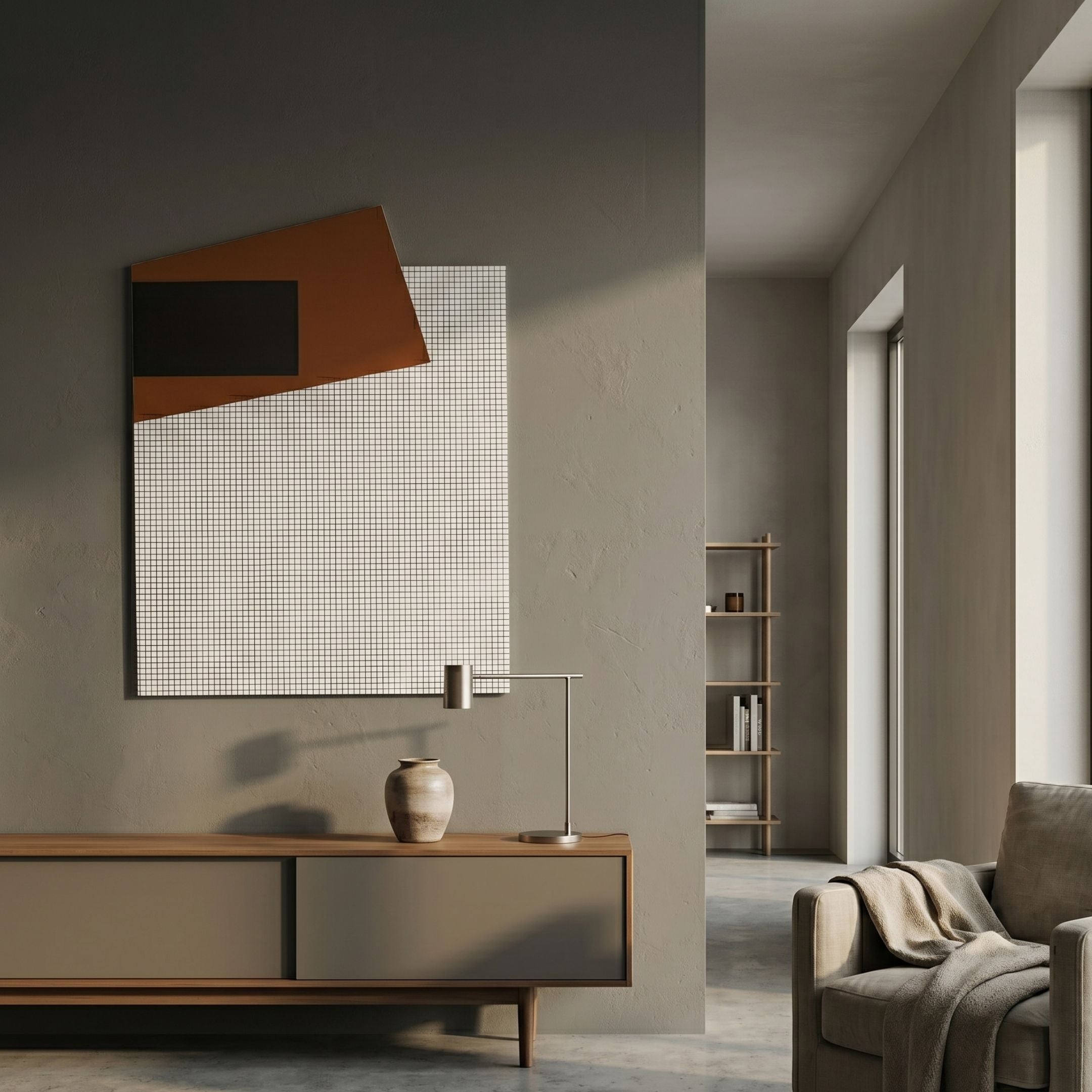 Gridorra Black & Rust Leather Grid Panel 3D Wall Art mounted above a wooden sideboard with vase and lamp in a minimalist grey-toned living room.