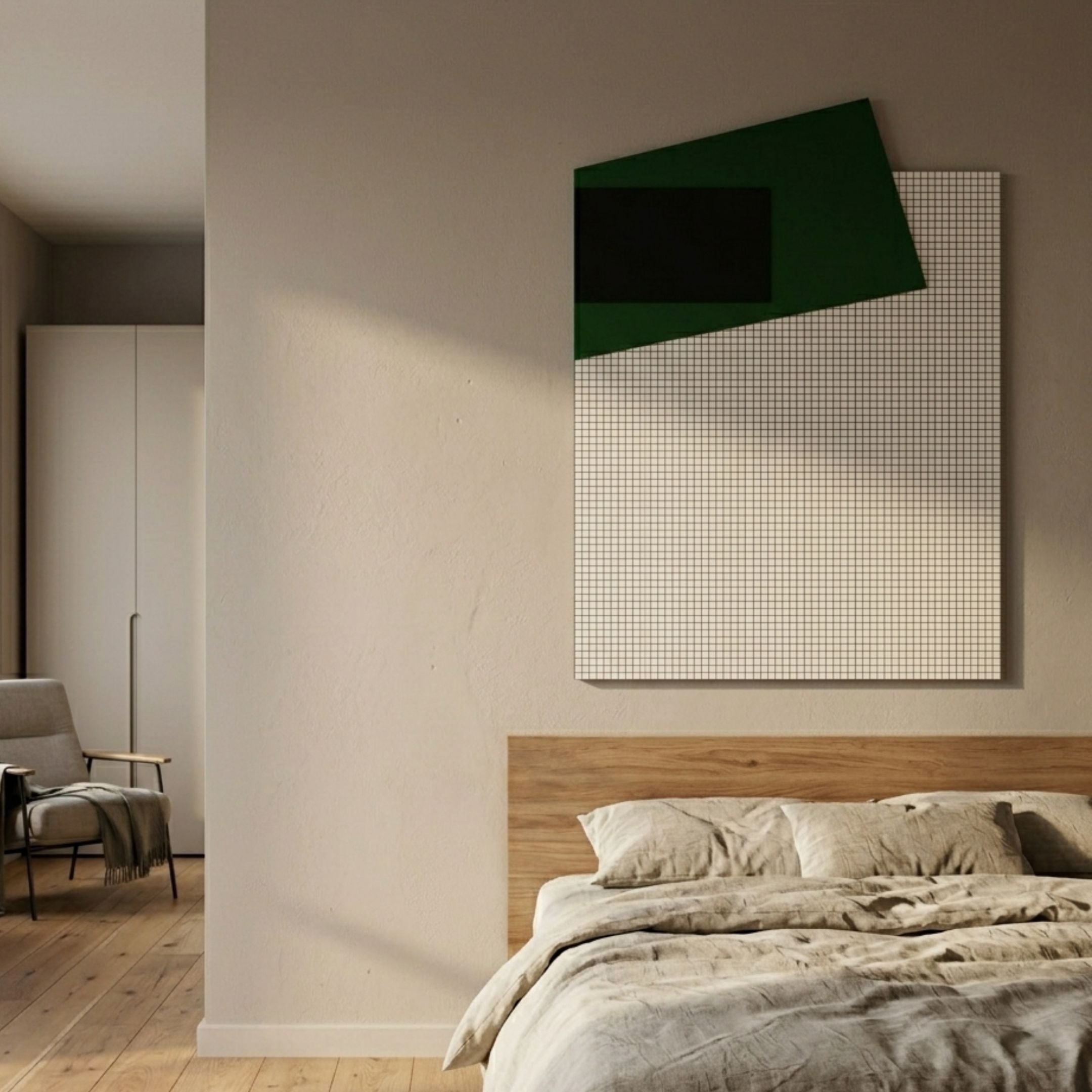 Gridorra Black & Green Leather Grid Panel 3D Wall Art by Giant Sculptures mounted above a wooden bed with linen bedding in a Nordic-style bedroom.