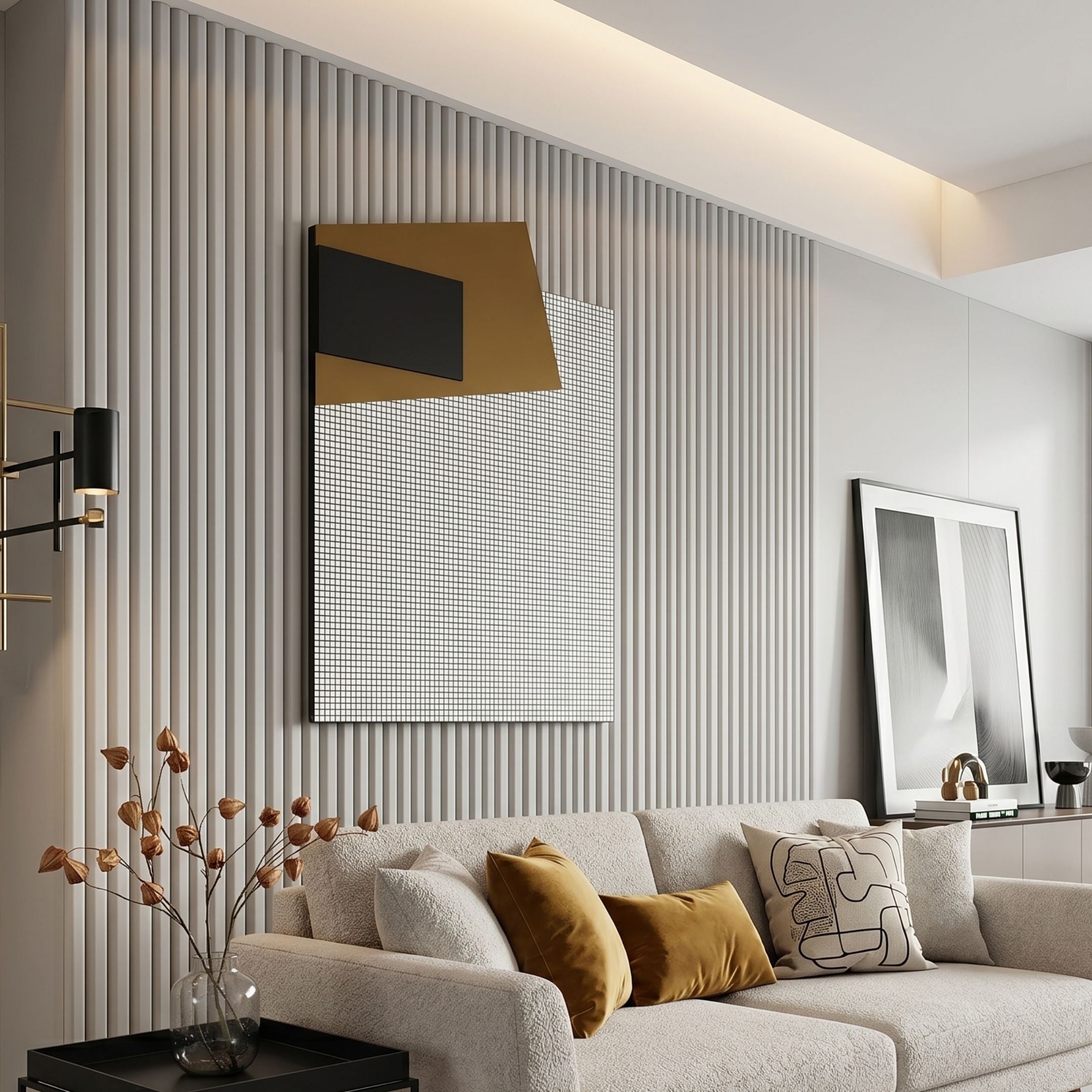 Gridorra Black & Brown Leather Grid Panel 3D Wall Art by Giant Sculptures displayed on a slatted wall above a boucle sofa with mustard cushions.